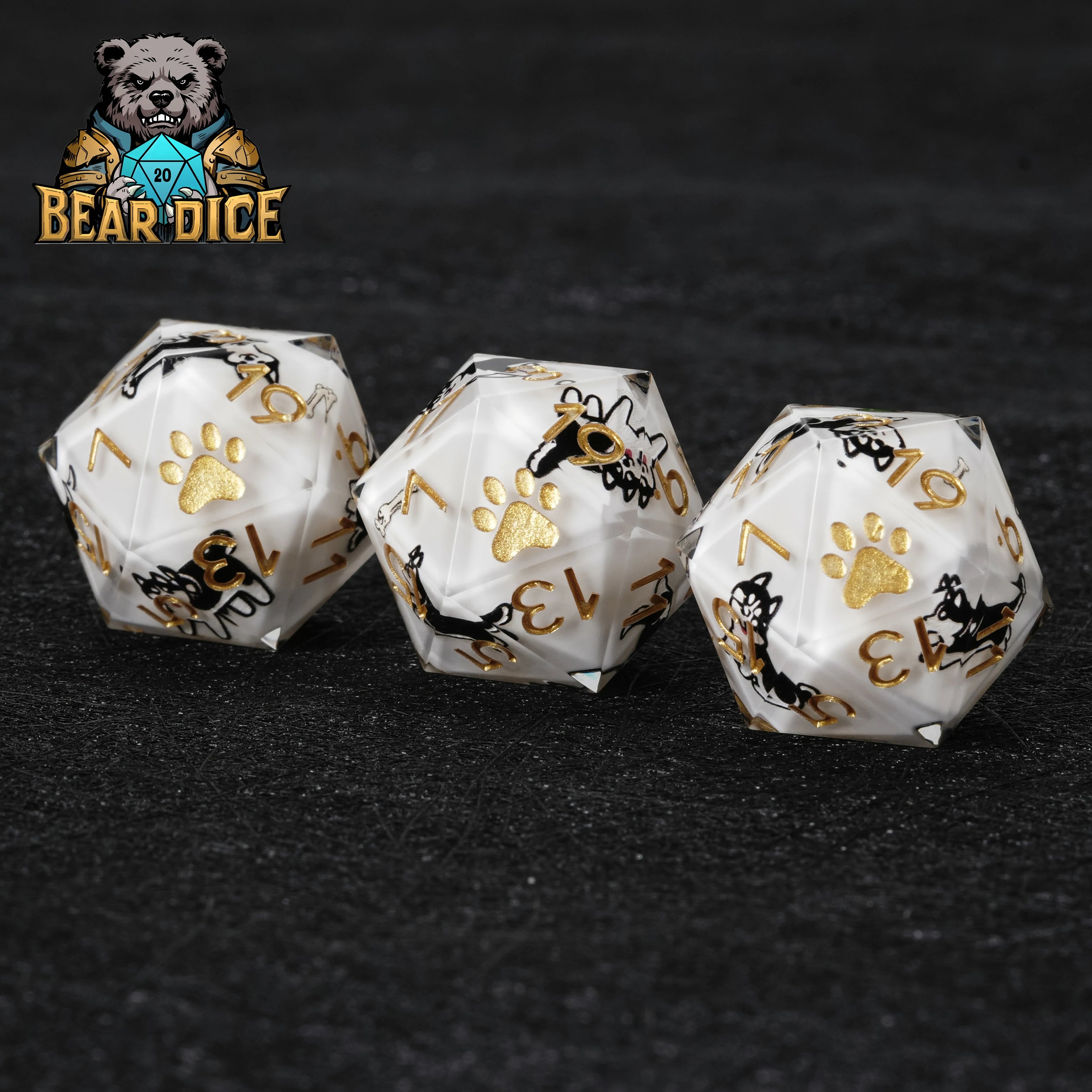 Husky White Resin DND D20 Dice | Sharp-Edged Polyhedral RPG Die with Husky Art