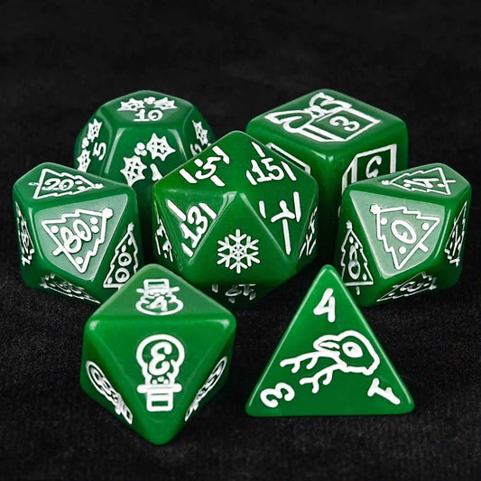 Green Christmas themed acrylic DND dice set + white runes | Bear Dice