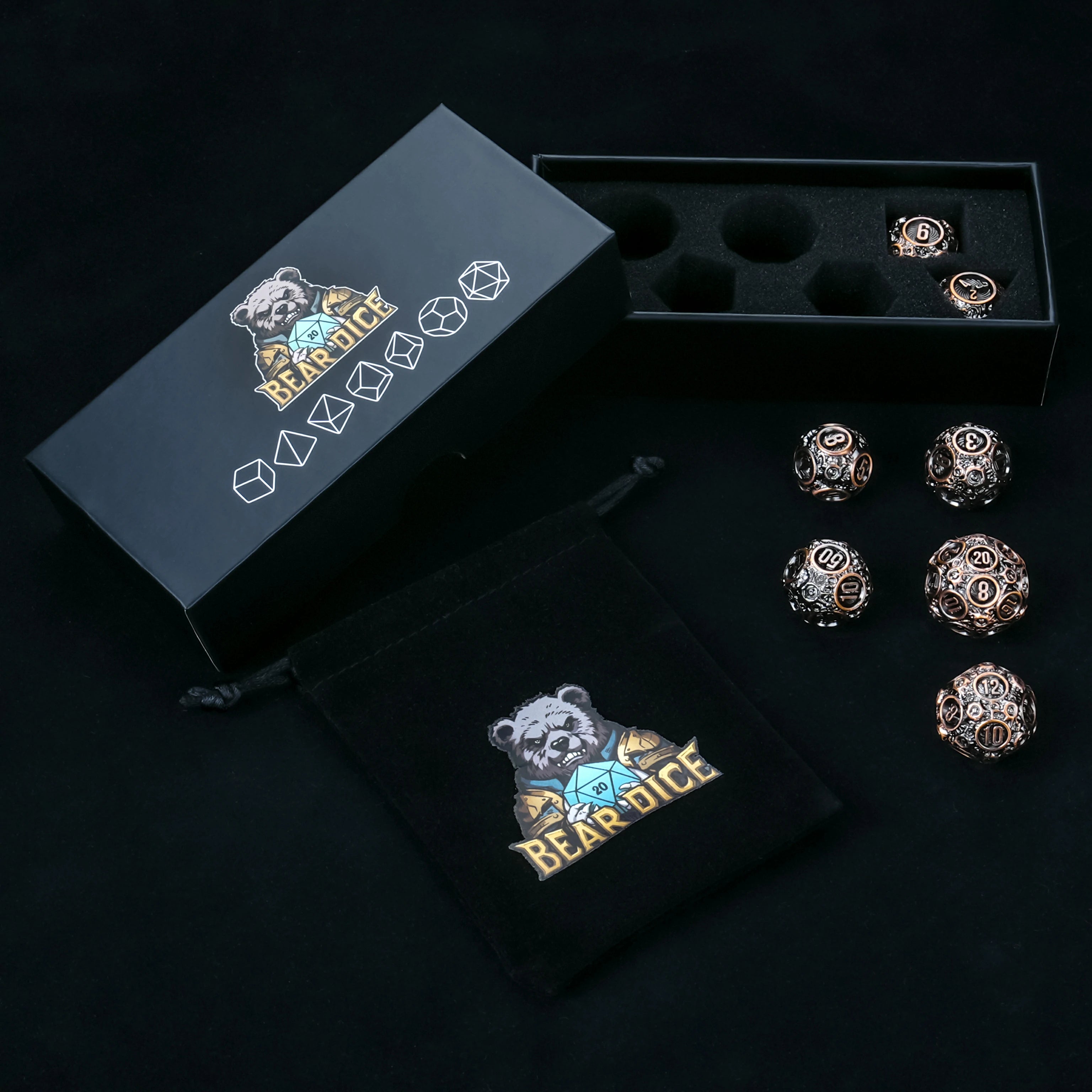 Spherical Planet Metal Dice Set - Bear Dice gift box packaging