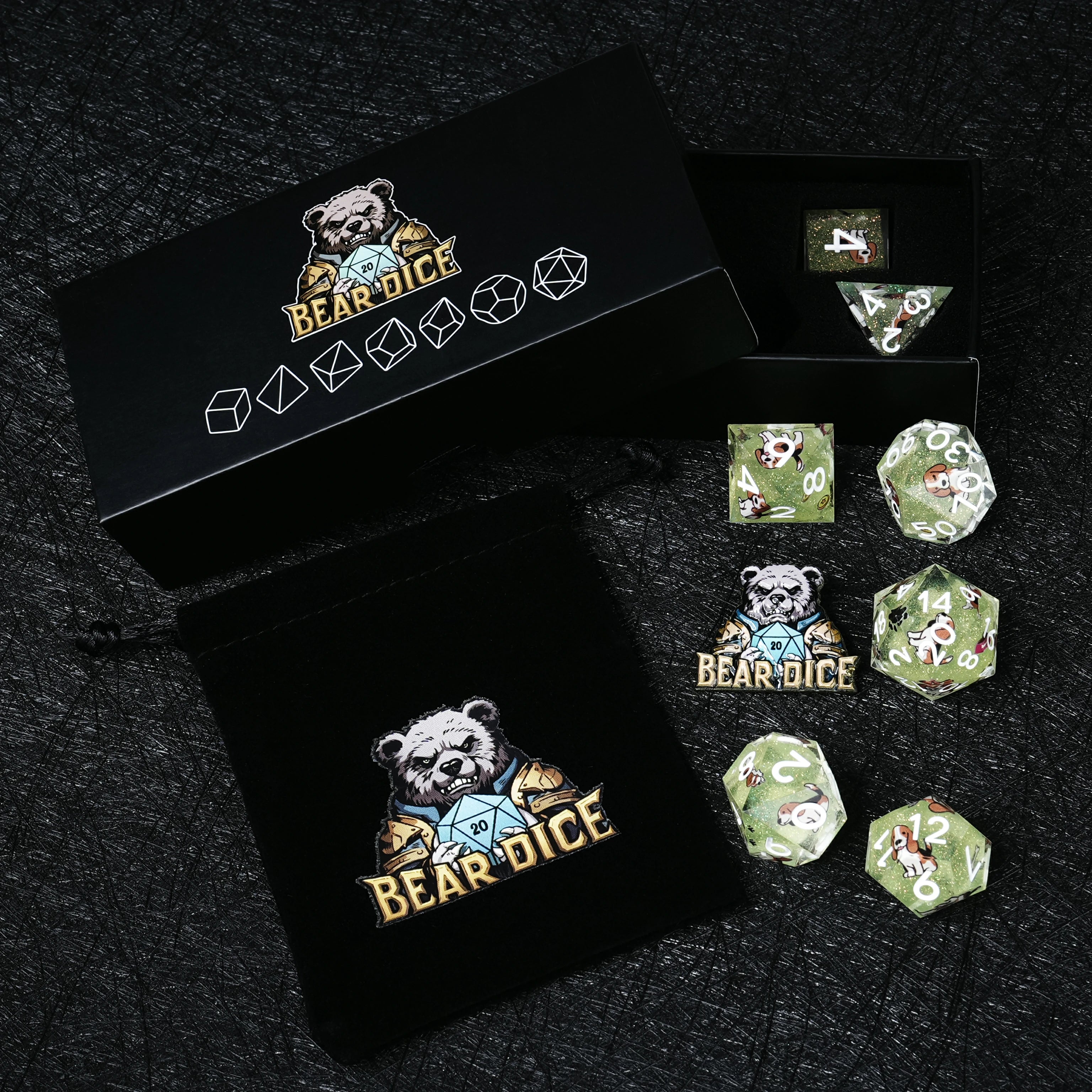 Beagle Green Liquid-Core Dice Set | Gold Numbers | 7-Piece RPG Polyhedral Set