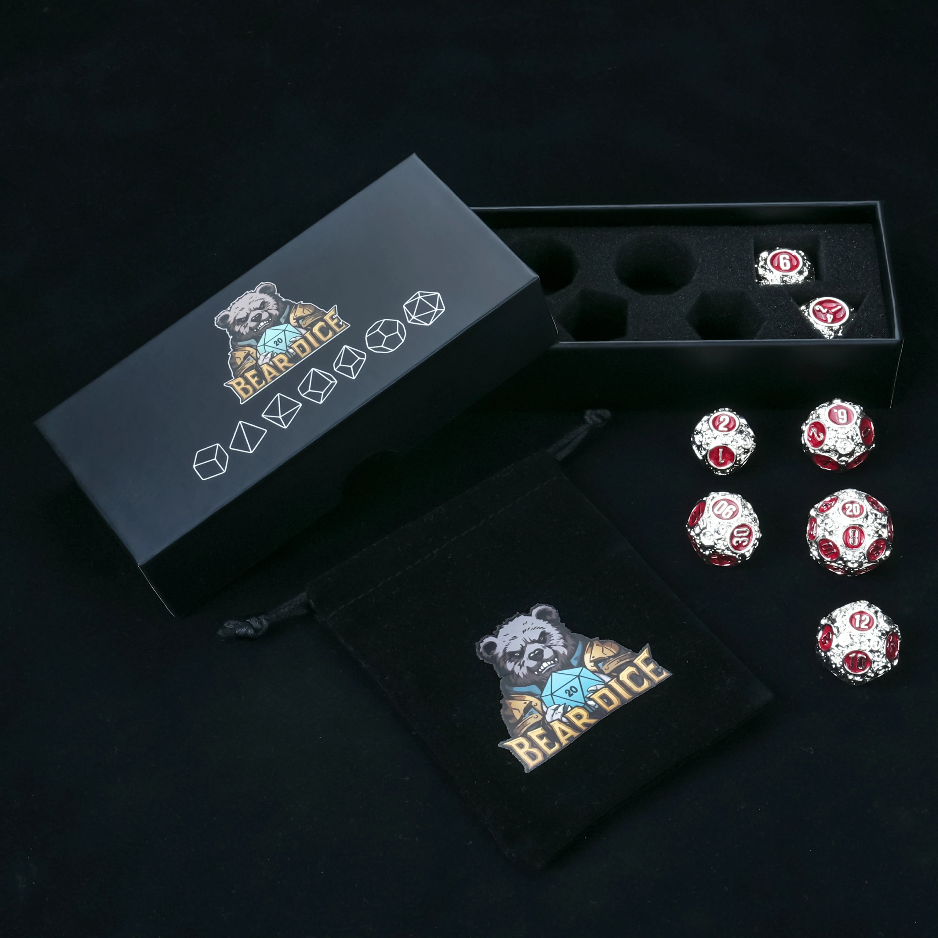 Spherical Planet Metal Dice Set – full 7-piece ball dice set grouped together