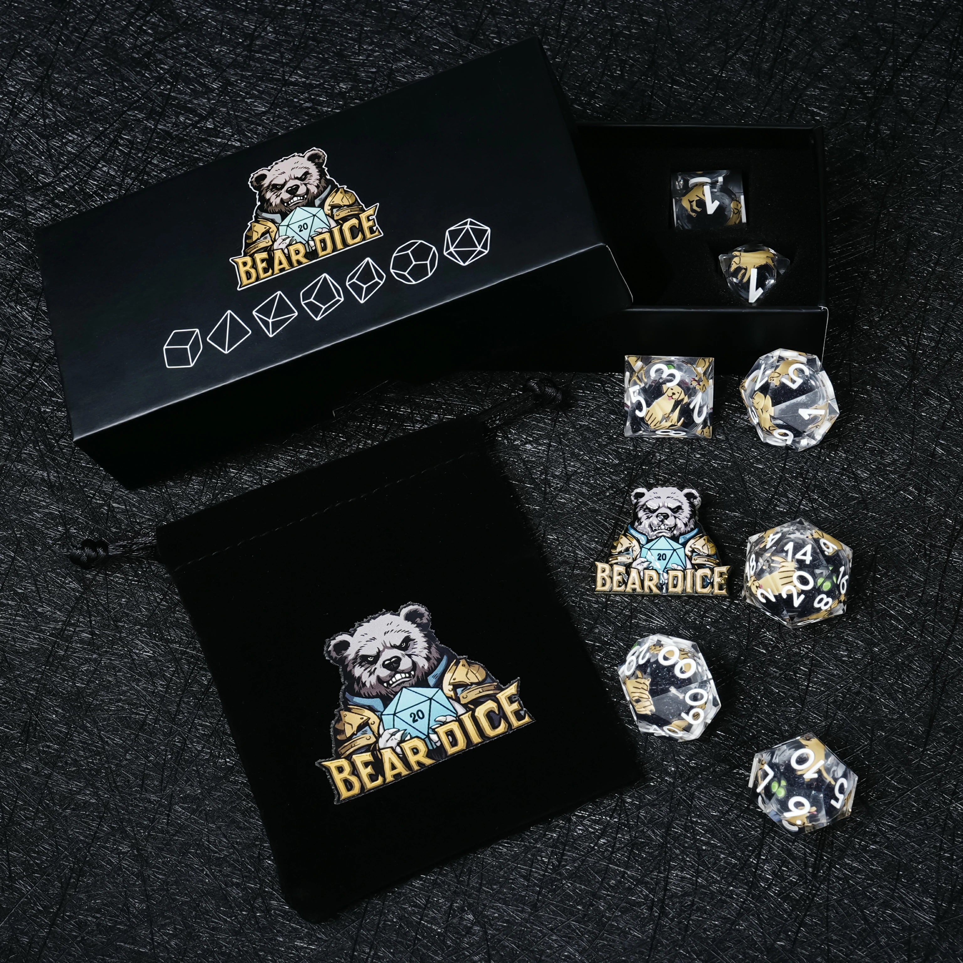 Labrador Black Liquid-Core Resin Dice Set | White Numbers for D&D RPG