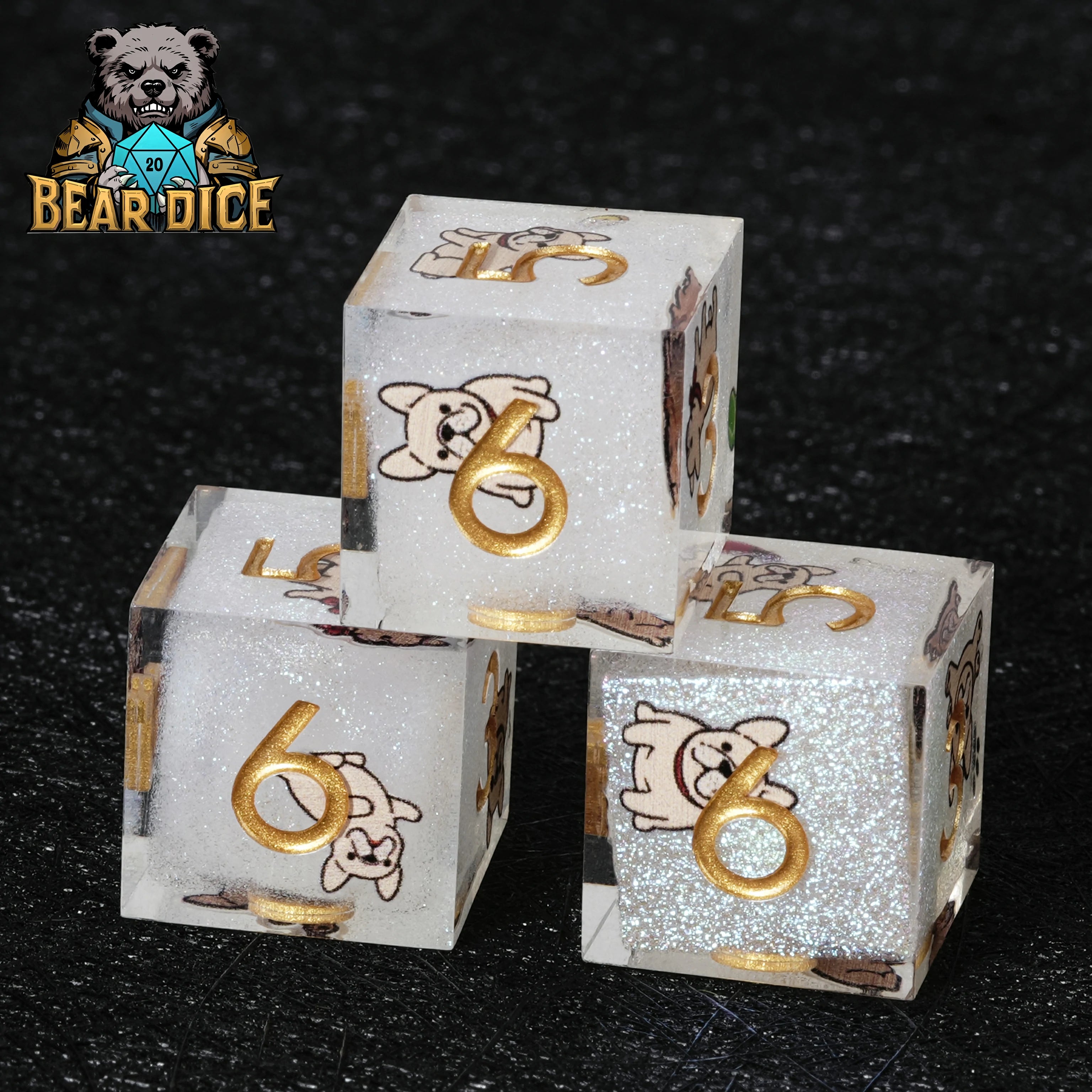 Bulldog White Glitter Resin D6 Dice Set for D&D & RPG Games