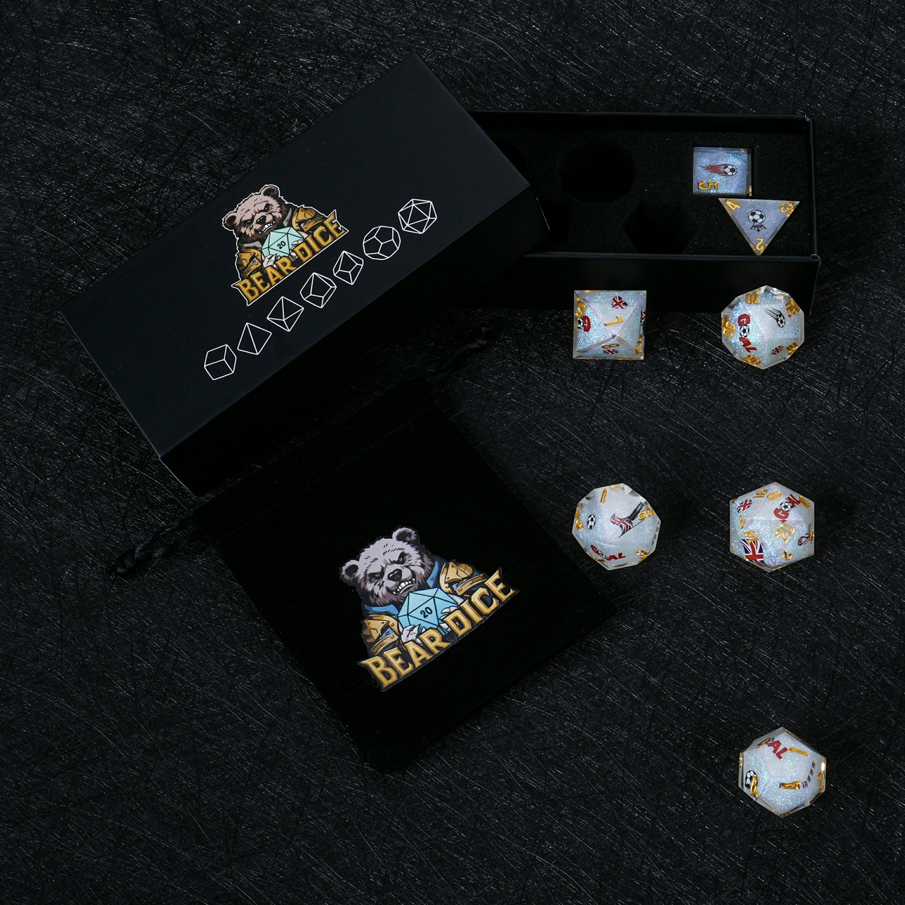 UK Football World Cup Resin Dice Set – White Glitter | 7-Piece RPG Dice