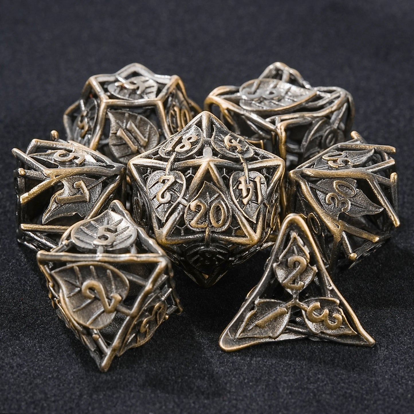 Bronze and black metal texture role-playing game hollow dice set | Bear Dice