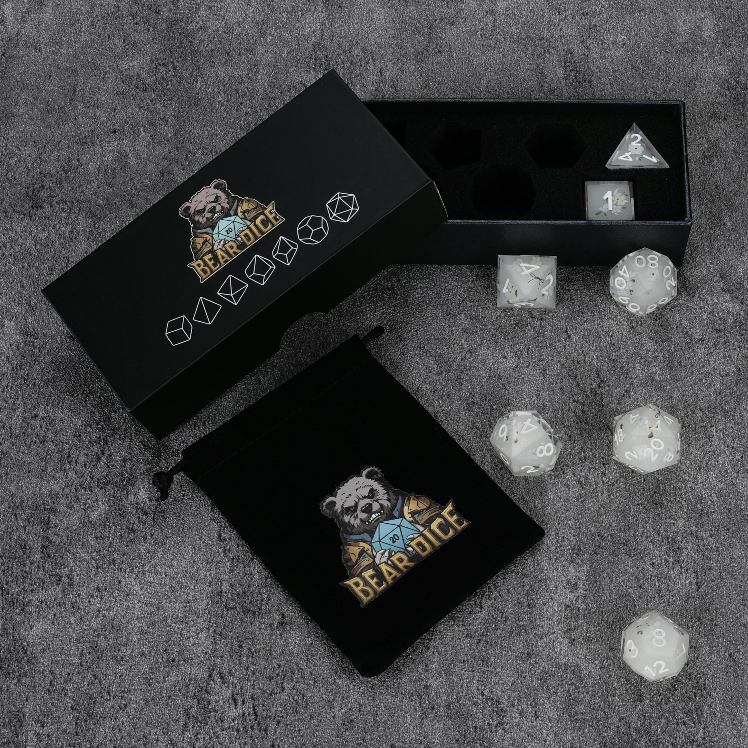 Off-White Resin DND Dice Set | Fresh Floral & Green Leaf Pattern