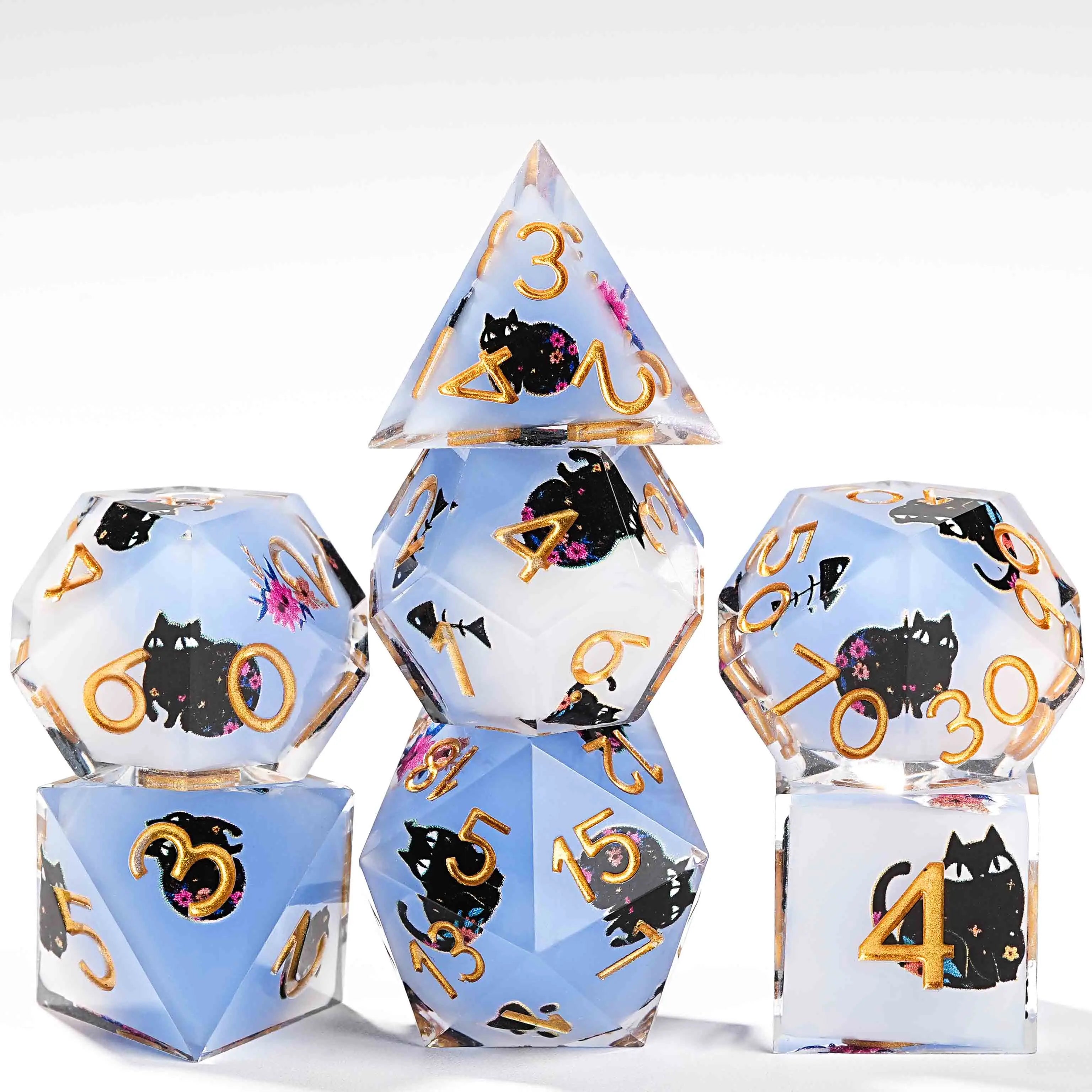 Egyptian Pharaoh blue and white background with flowers and black cat resin sharp edge dnd dice + gold lettering | Bear Dice