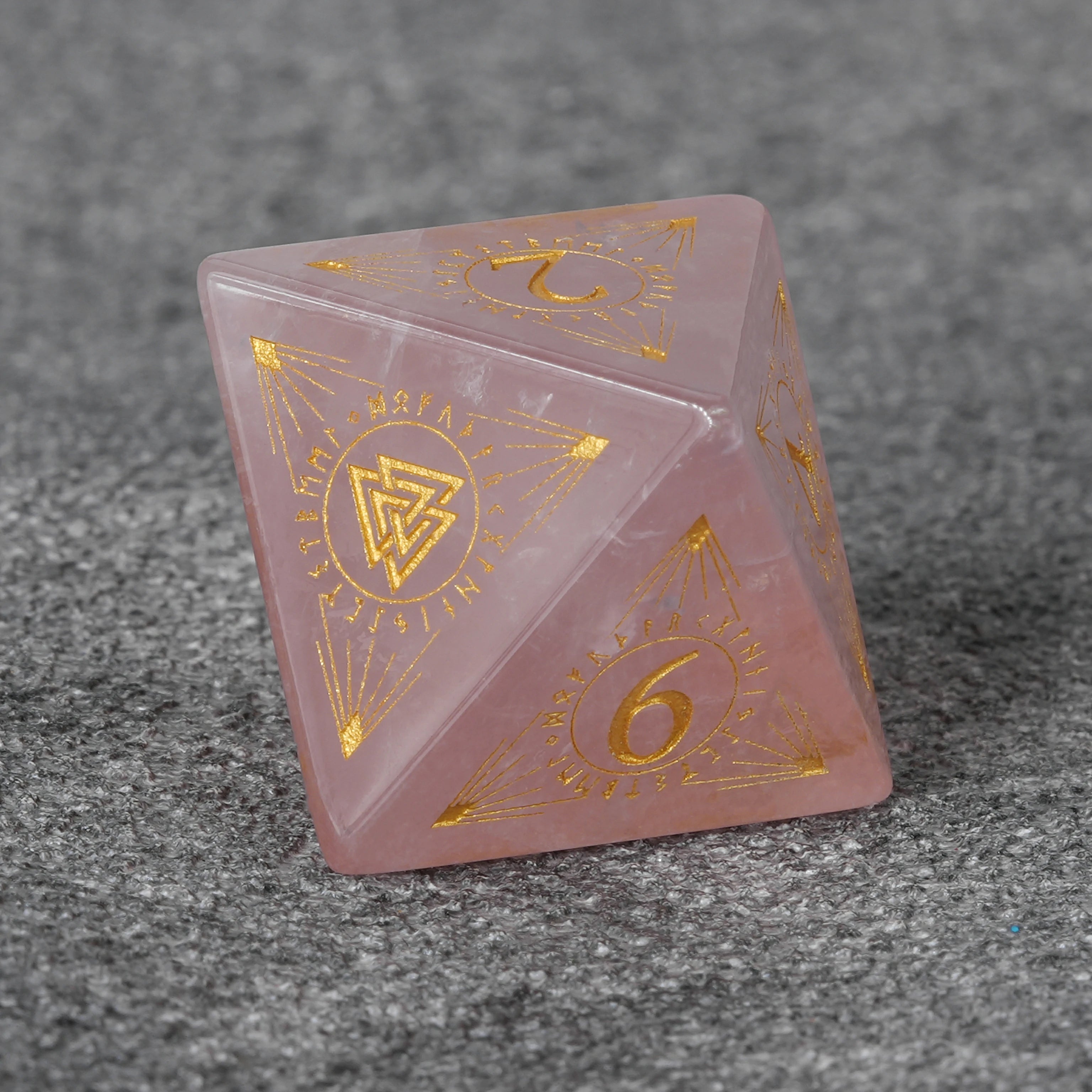 Rose Quartz Gemstone Dice Set with Gold Magical Runes