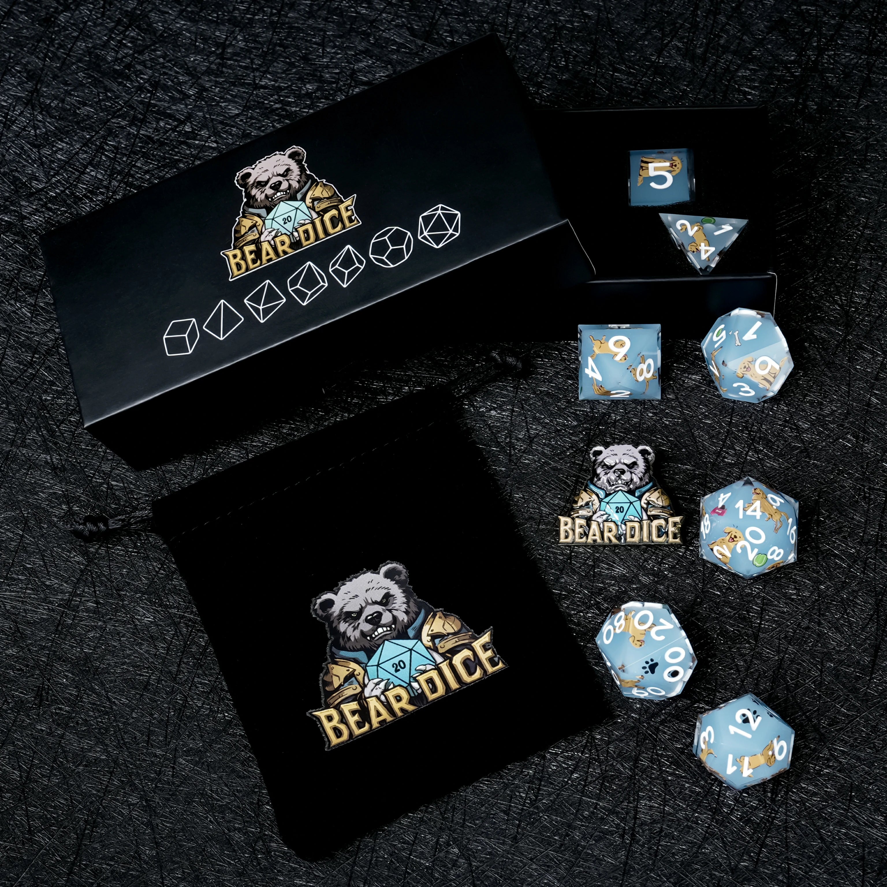 Golden Retriever Light Blue Resin Dice Set | White Numbers for D&D & RPG