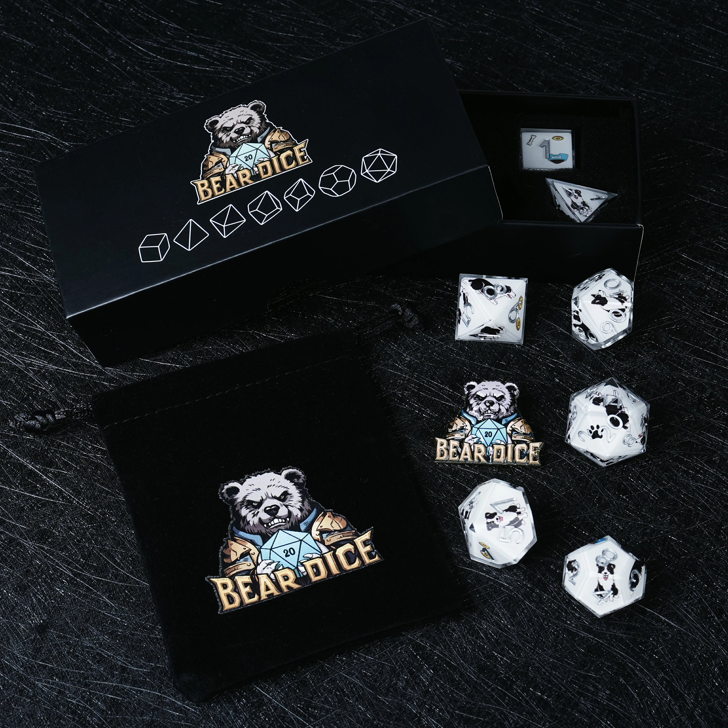 Border Collie White Resin Dice Set | Silver Numbers | D&D RPG Polyhedral Dice