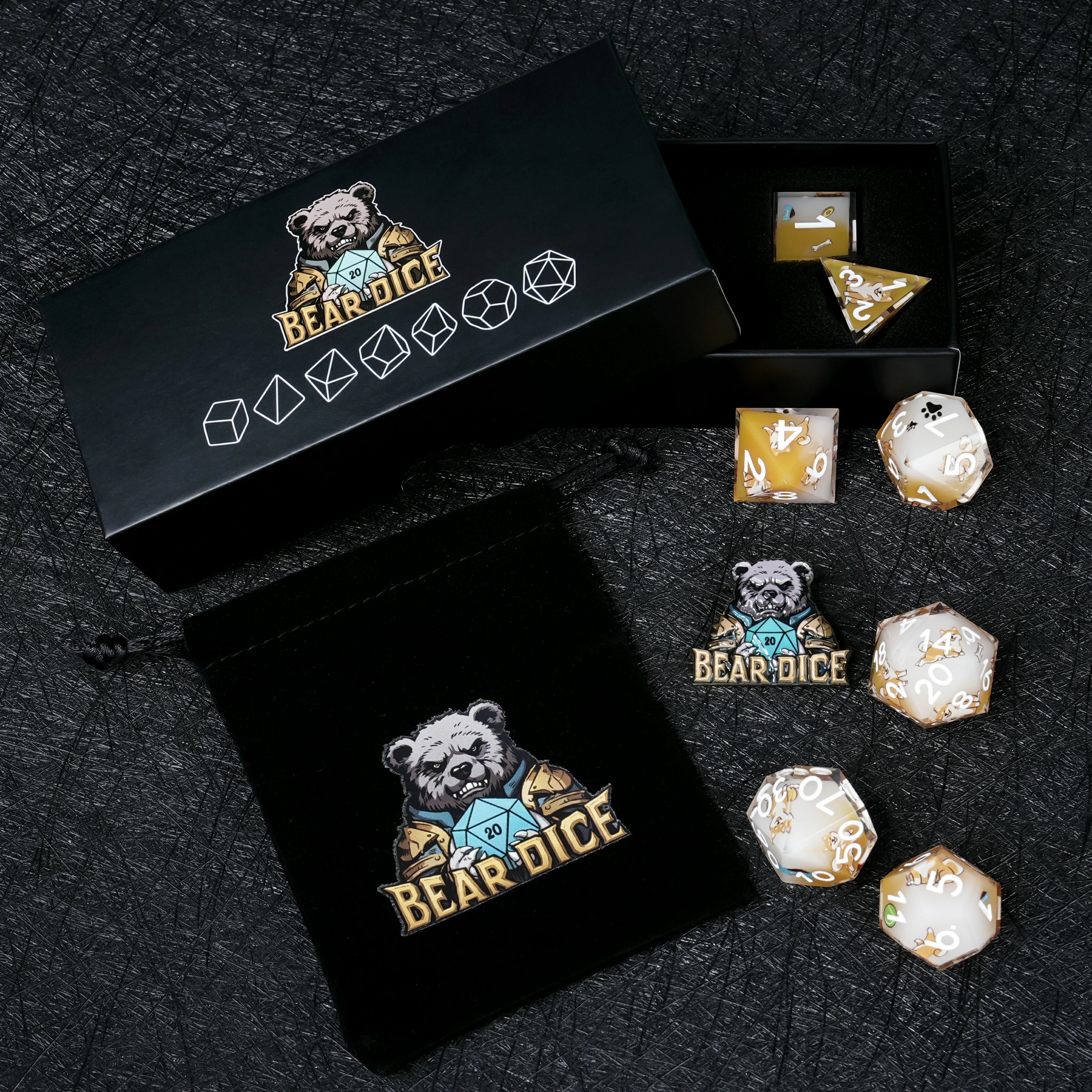Shiba Inu Yellow & White Resin Dice Set | Gold Numbers DND RPG Polyhedral Dice