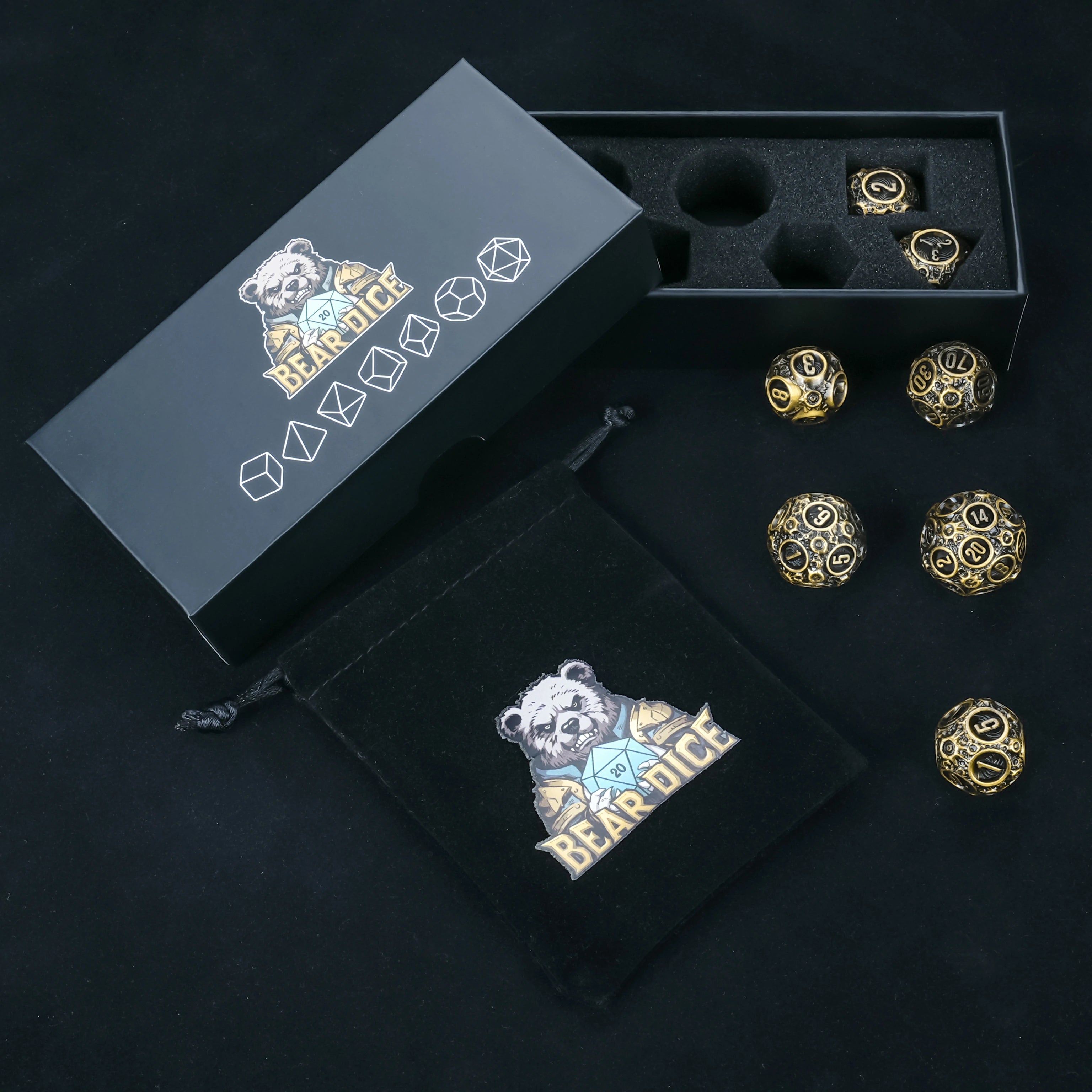 Spherical Planet Metal Dice Set – 7-Piece Bronze Hollow DnD Dice for Tabletop RPG
