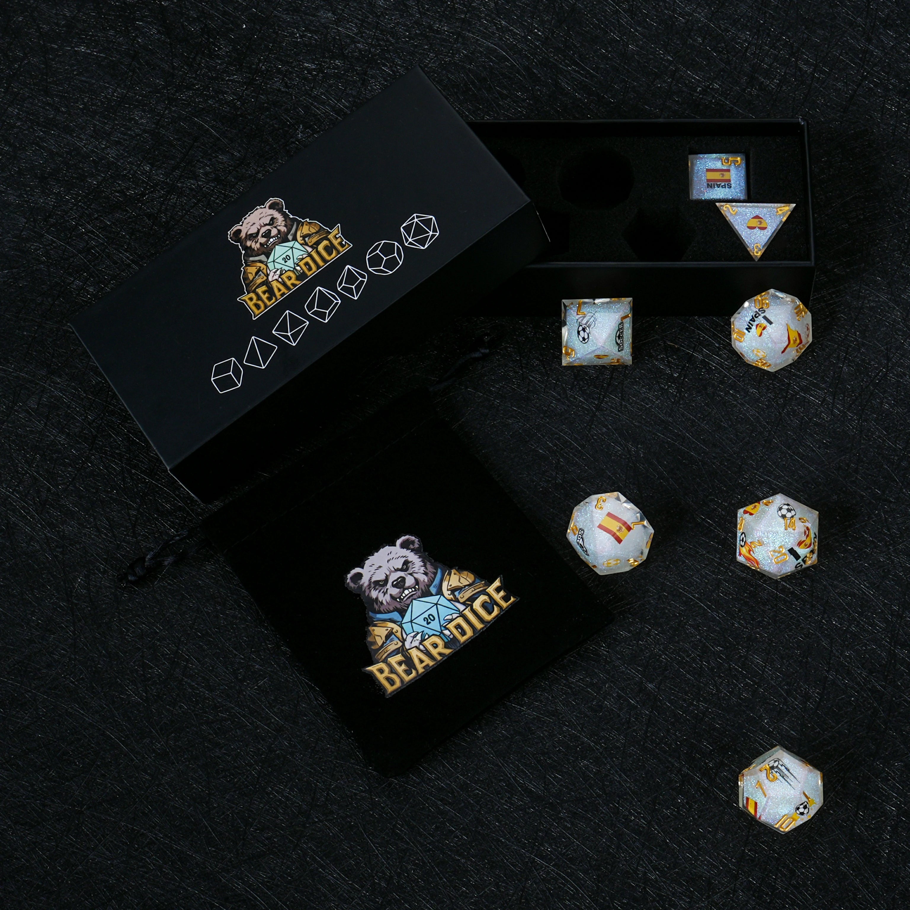 Spain Soccer Resin DND Dice Set – White Glitter World Cup D&D Dice