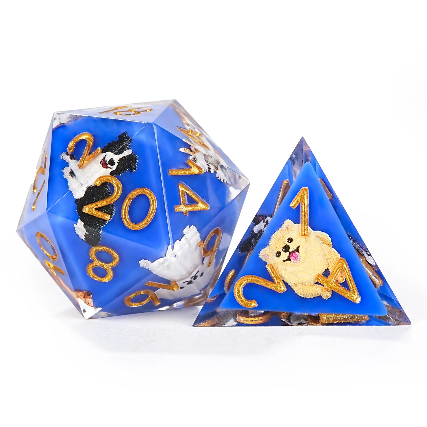 Colorful blue transparent resin cute dog pattern dice set + gold font