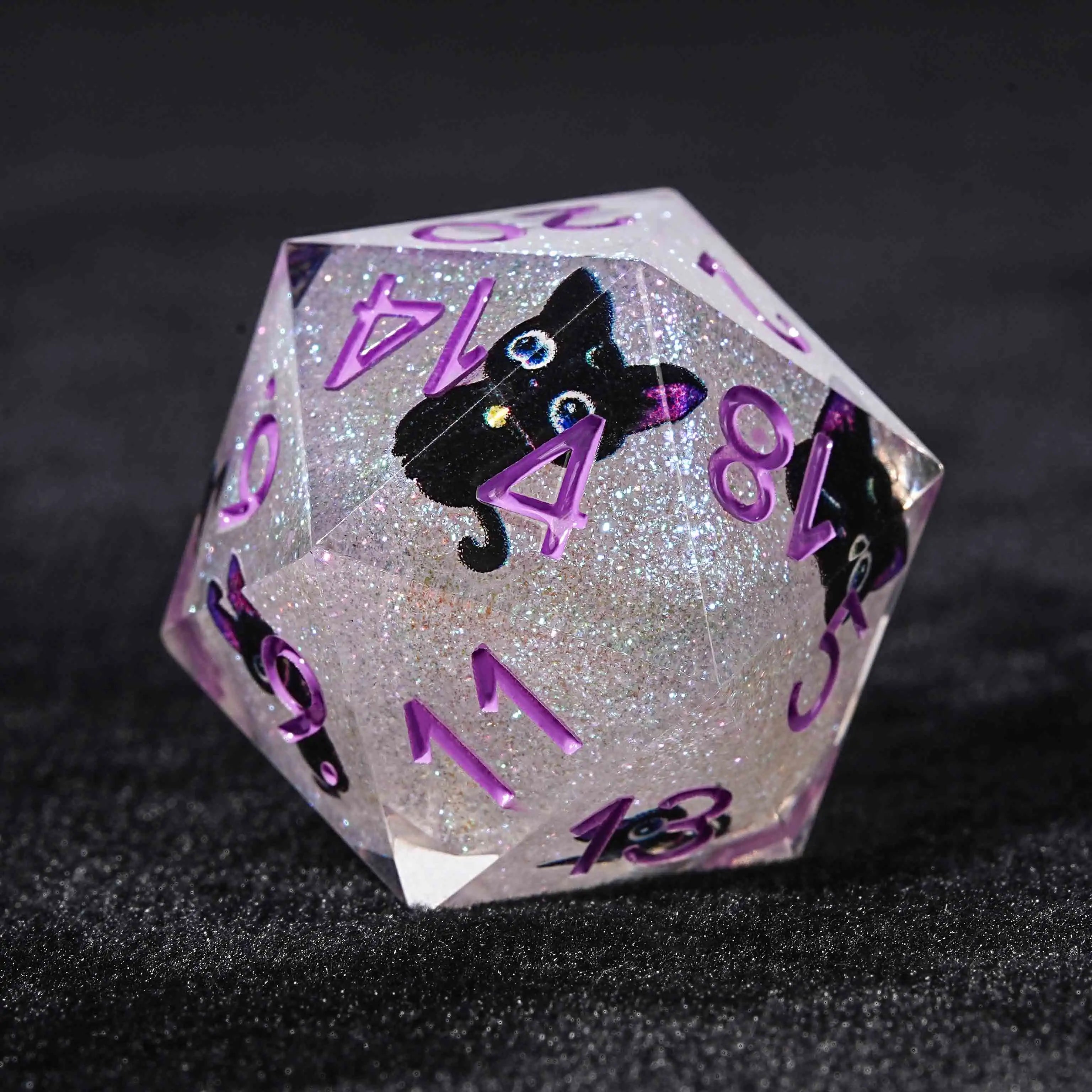 Black and purple ears big eyes cute cat flash resin DND D20 dice+ purple font | Bear Dice