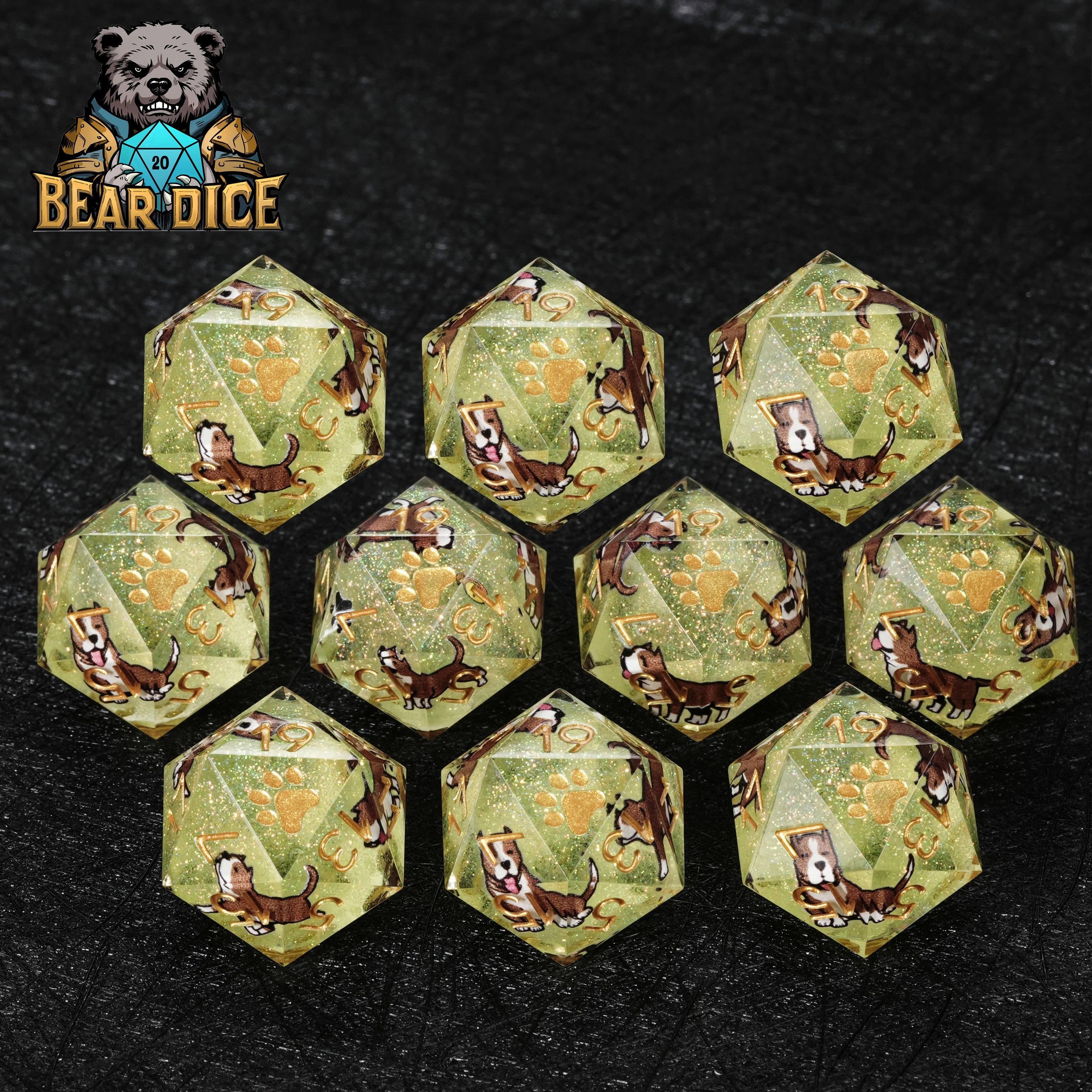 American Pit Bull Green Glitter Resin D&D D20 Dice