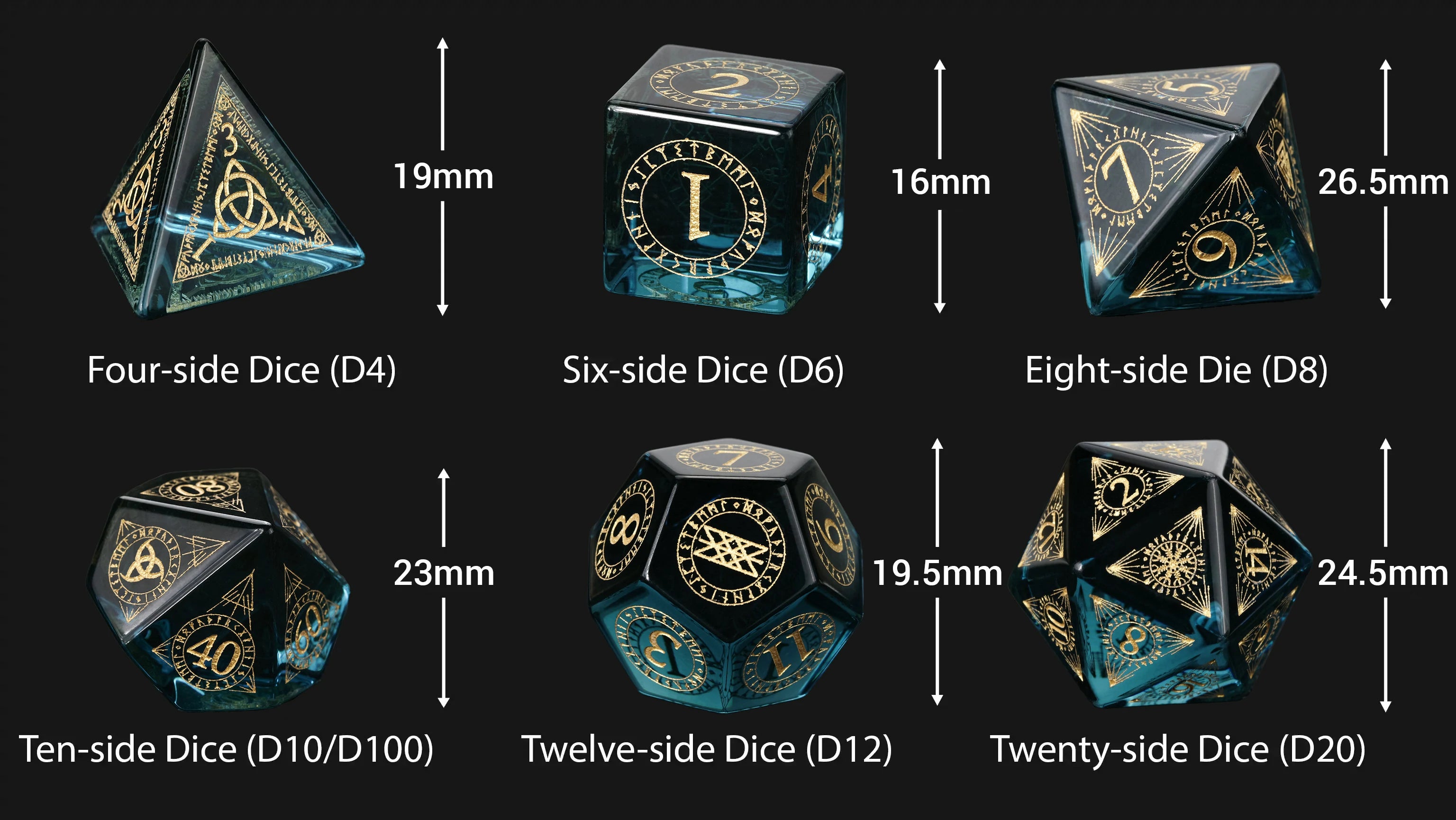 Blue Crystal Glass Dice Set with Gold Magical Runes
