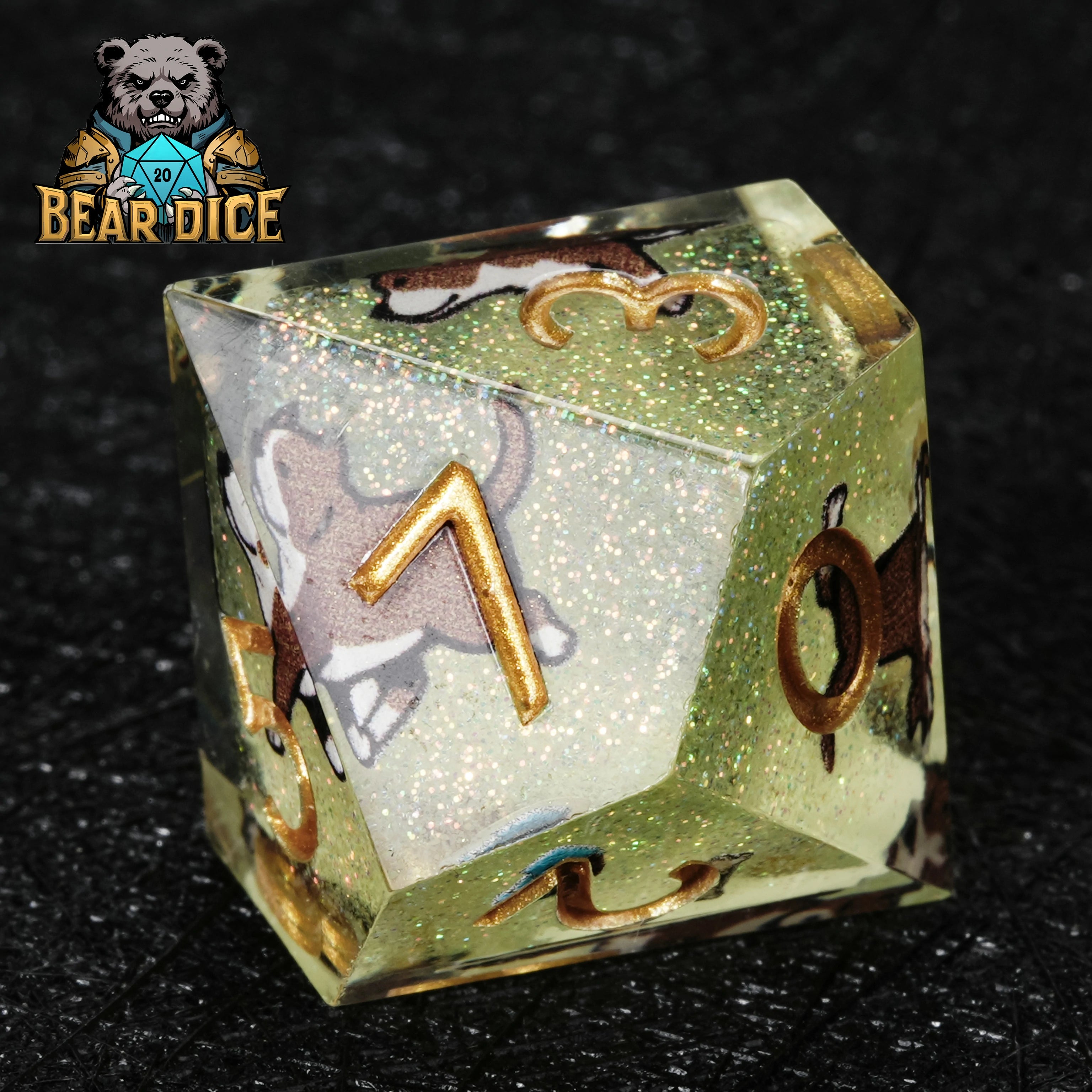 American Pit Bull Green Glitter Resin D10 Dice | Single D&D Die