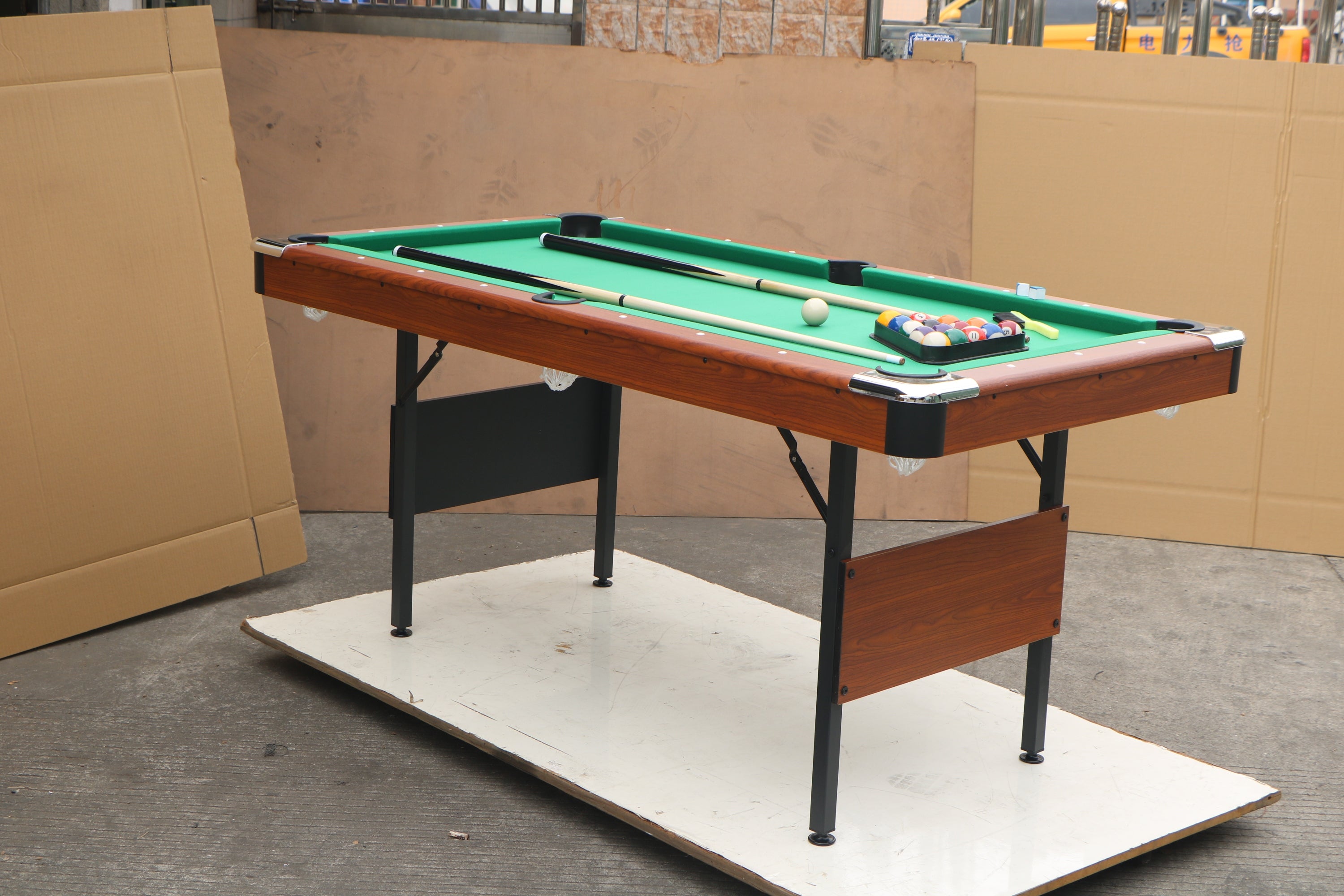 63-Inch Green Felt Foldable Wooden Billiard Table angled view with wooden frame | Bear Dice