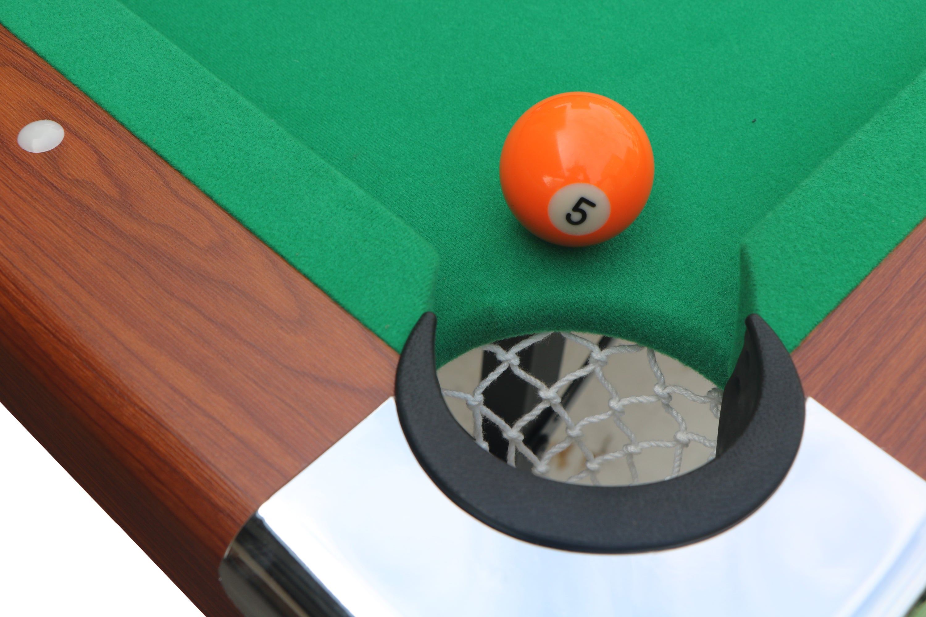 Corner pocket detail of 63-Inch Green Felt Foldable Wooden Billiard Table | Bear Dice