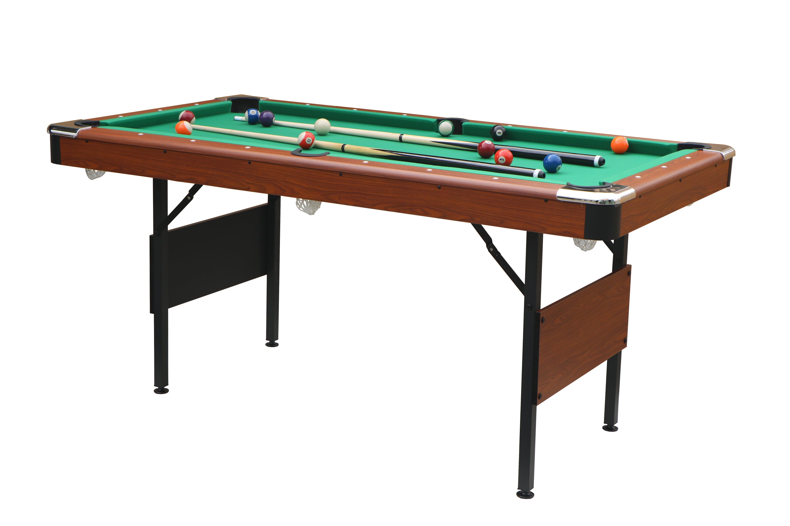 63-Inch Green Felt Foldable Wooden Billiard Table side view fully assembled | Bear Dice