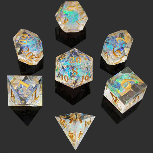 Transparent Resin Dice Set with Iridescent Glow | Bear Dice