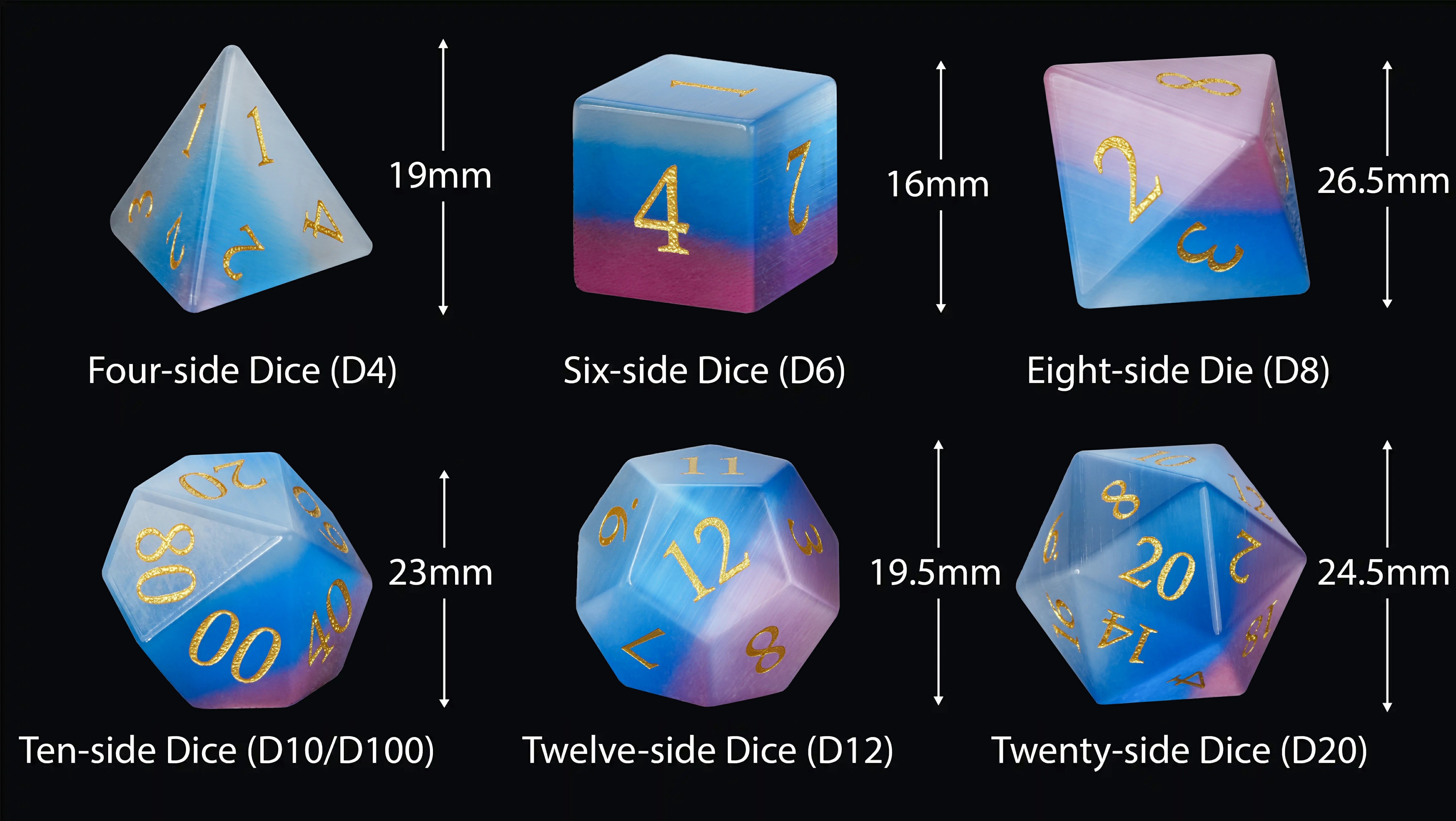 Pink-Aquamarine Cat's Eye Gemstone Dice Set