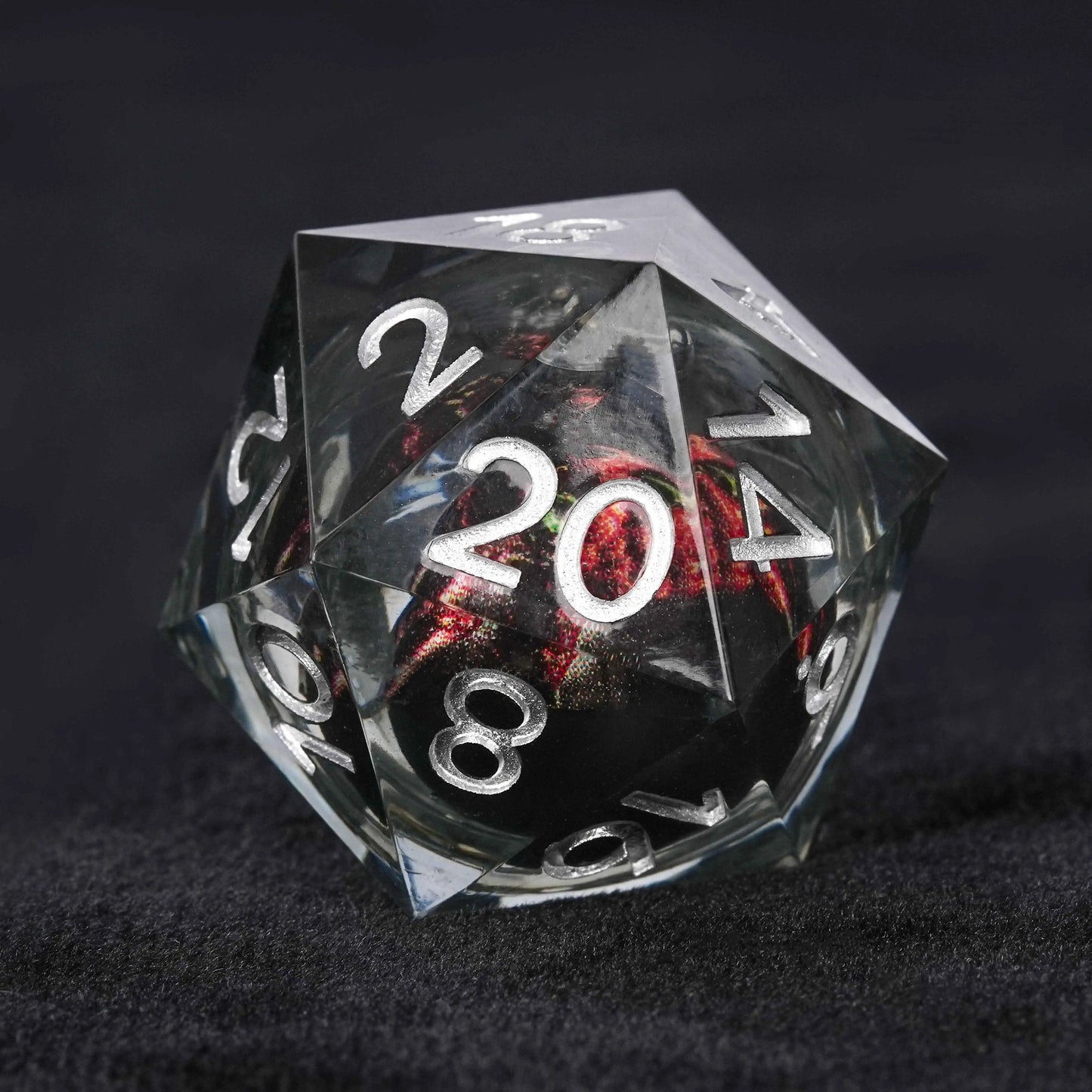 Black Fangs Monster Liquid Core Resin DND D20 Dice + Silver Font | Bear Dice