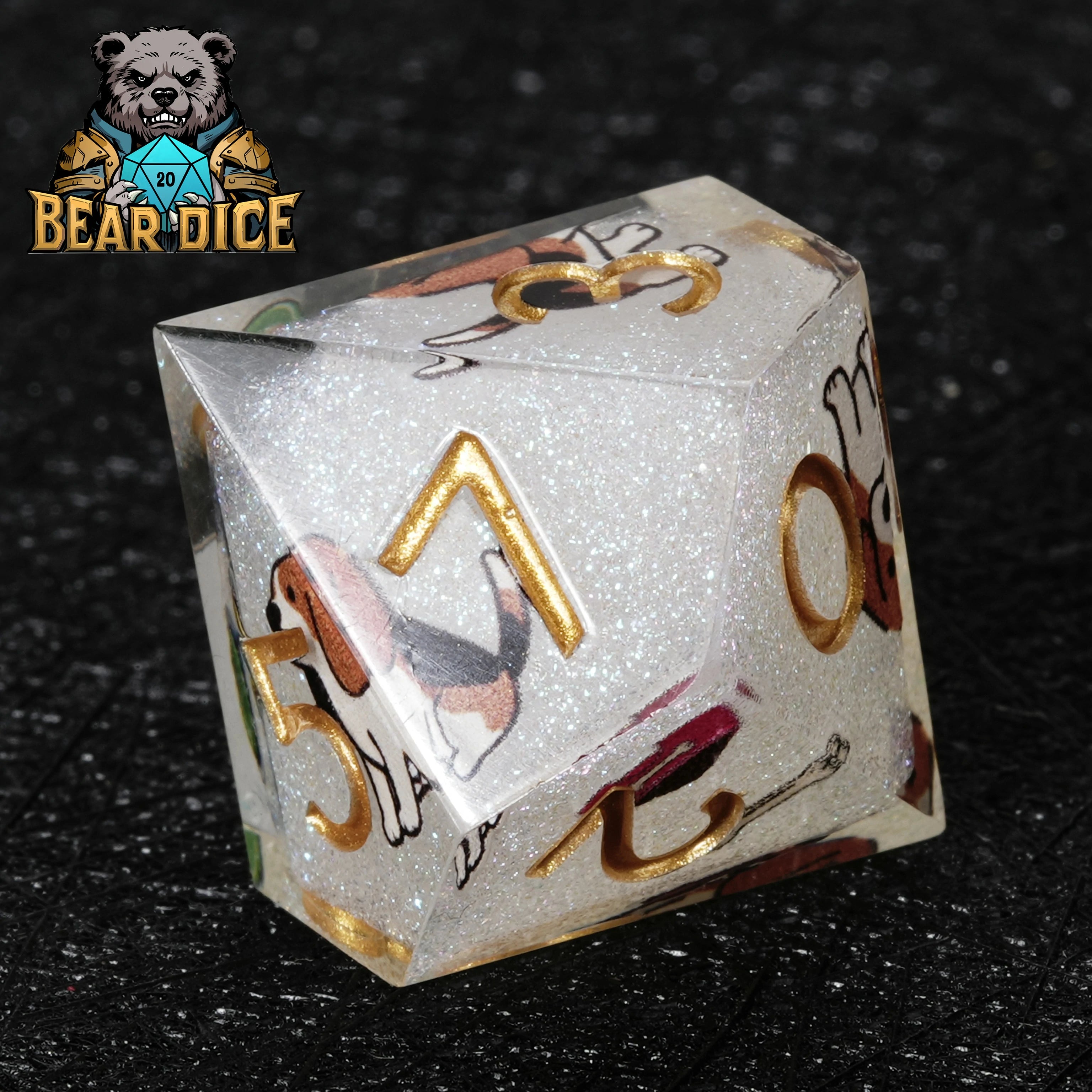 Beagle White Glitter Resin DND D10 Dice