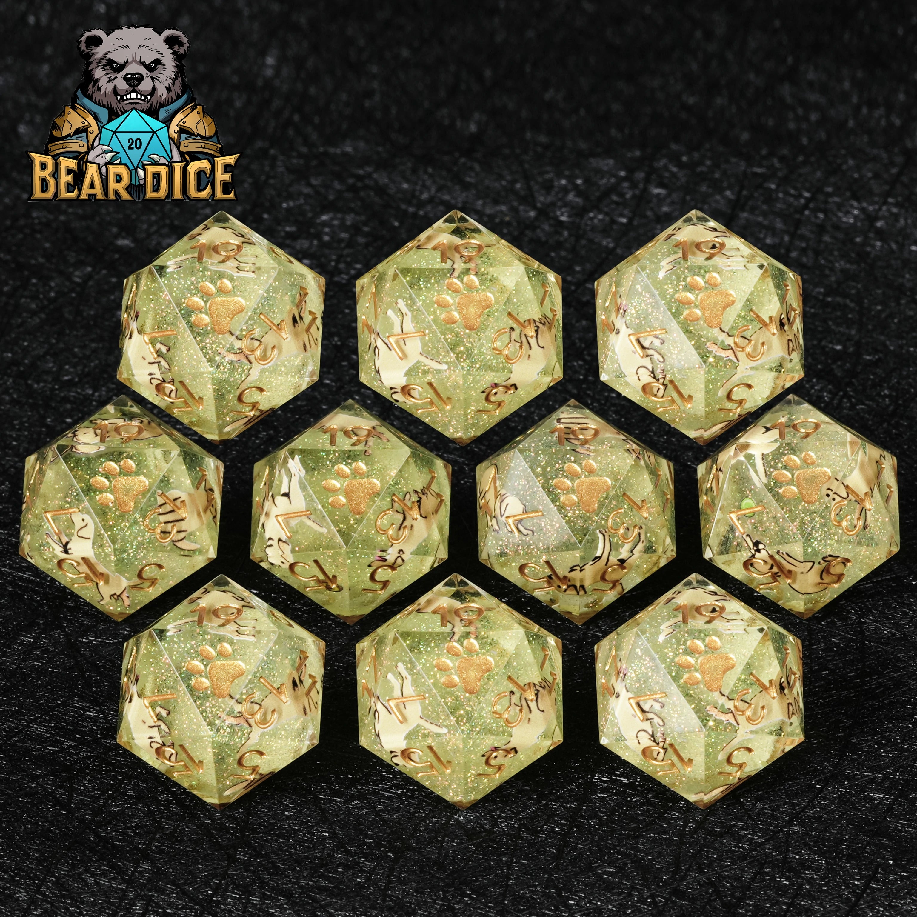 Husky White Resin DND D10 Dice | Green Glitter Paw Print RPG Dice for D&D