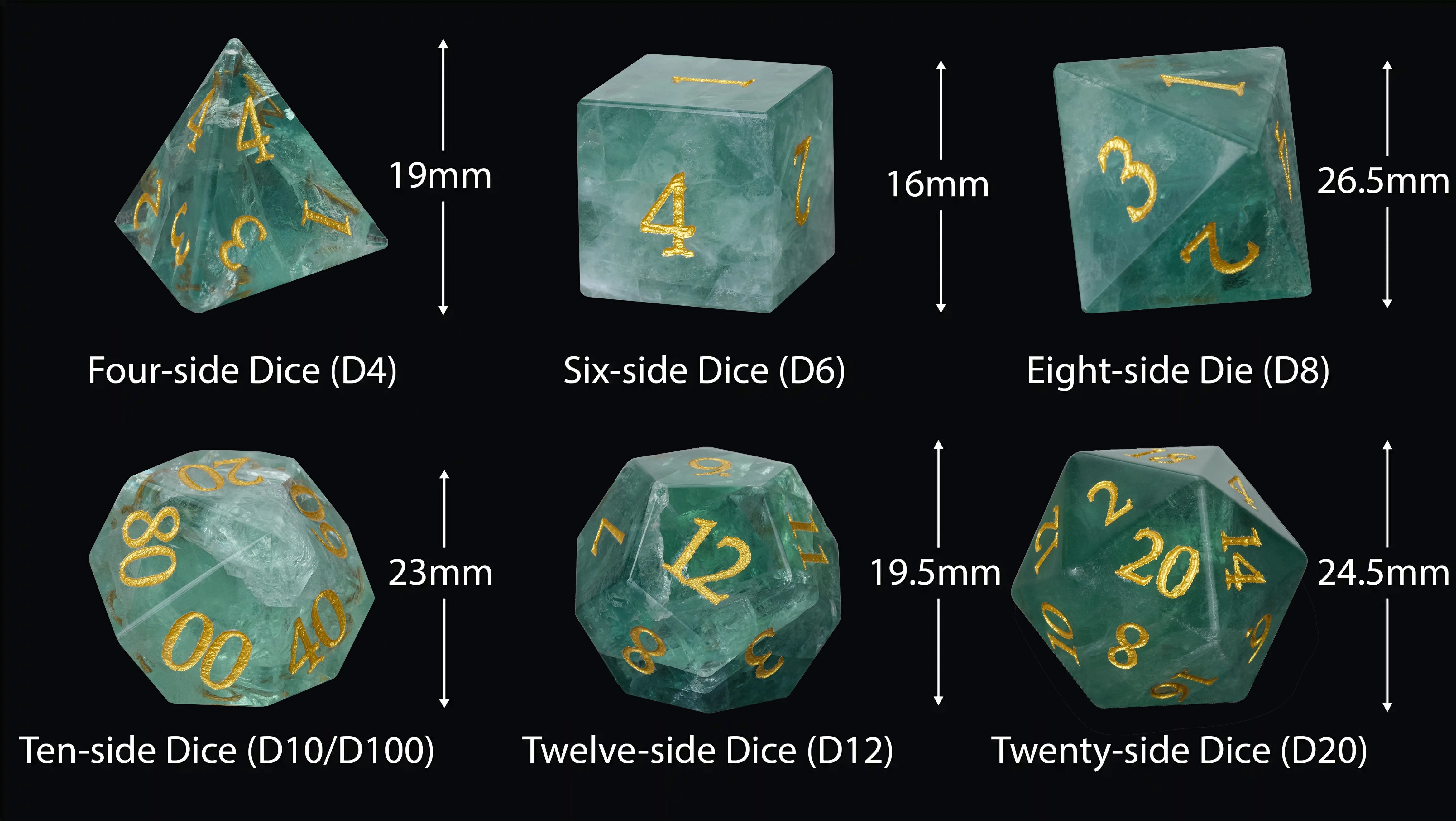 Natural Green Fluorite Multi-Faceted Dice Set