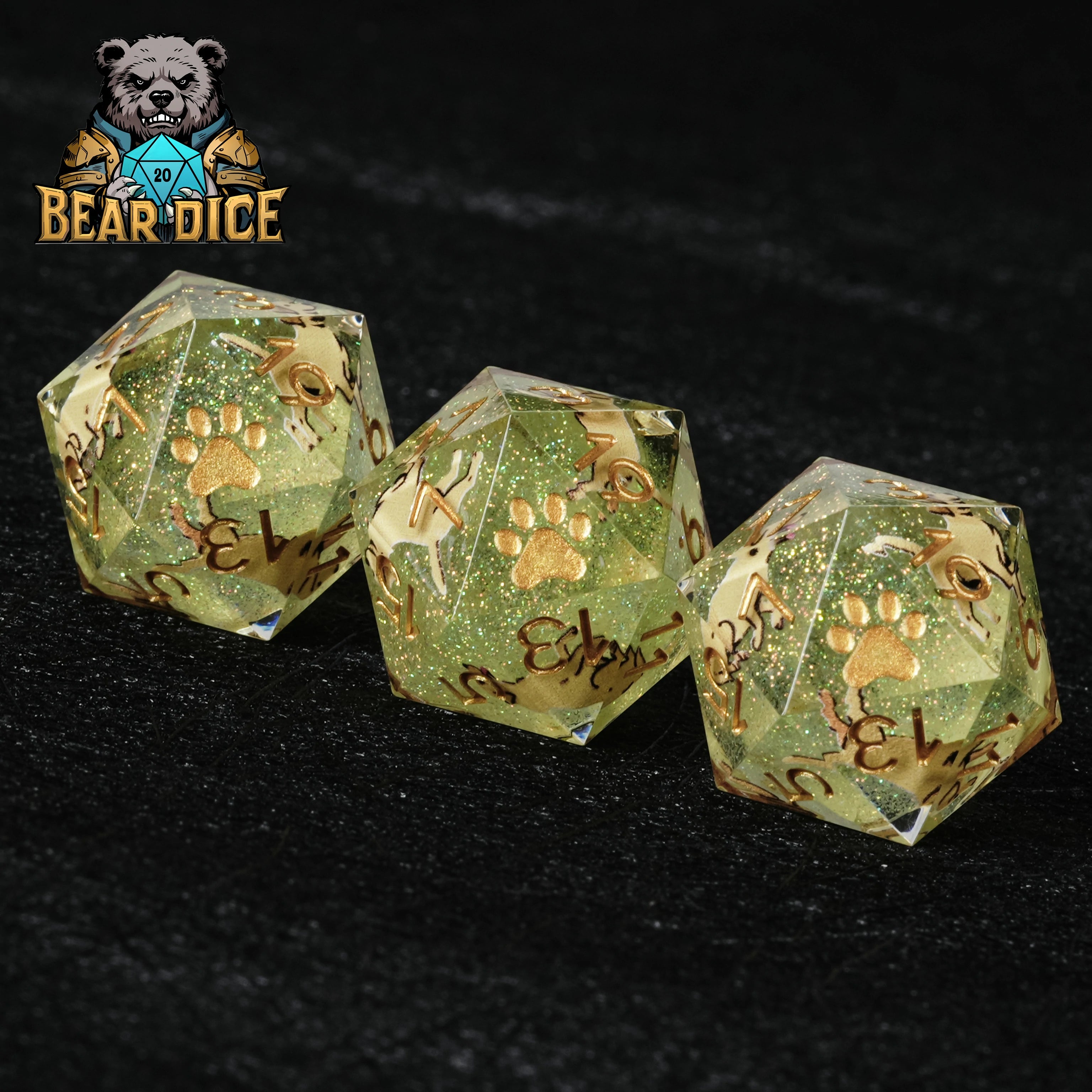 Husky White Resin DND D10 Dice | Green Glitter Paw Print RPG Dice for D&D