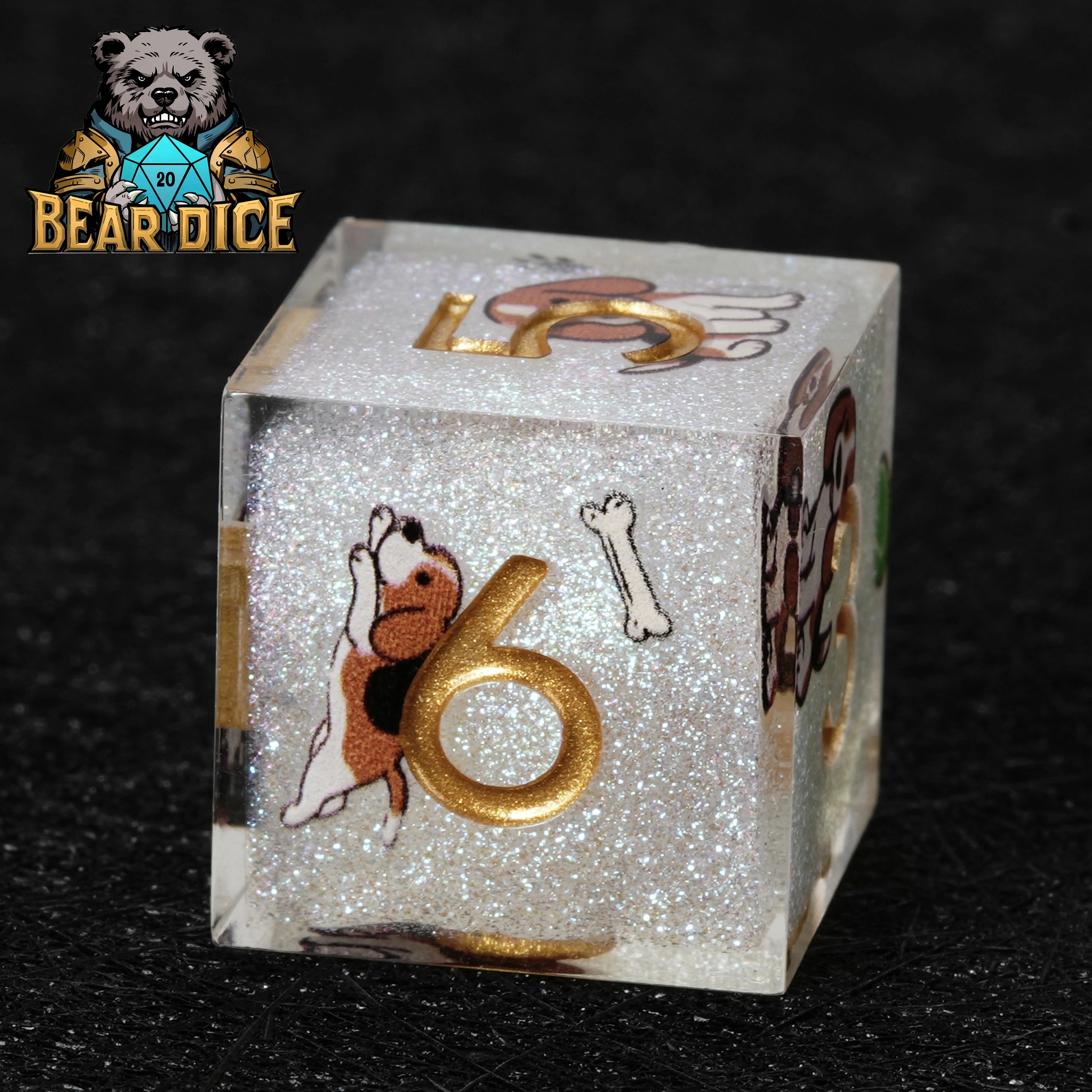 Beagle White Glitter Resin DND D6 Dice | RPG Polyhedral Dice for D&D & Tabletop Games