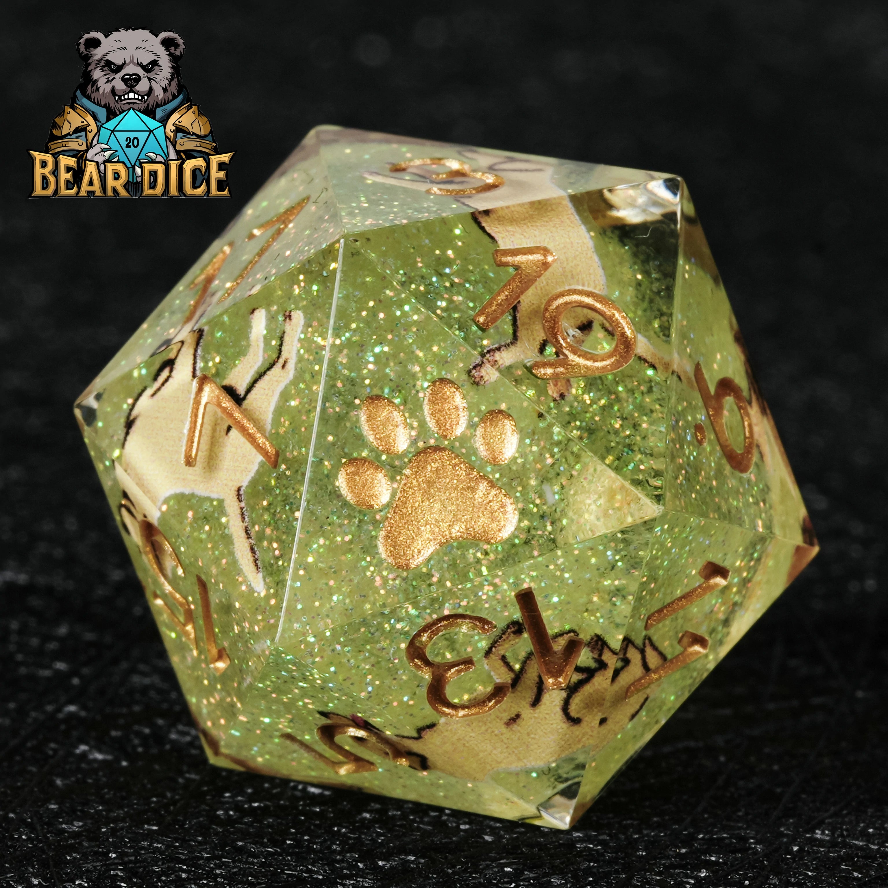 Husky White Resin DND D10 Dice | Green Glitter Paw Print RPG Dice for D&D