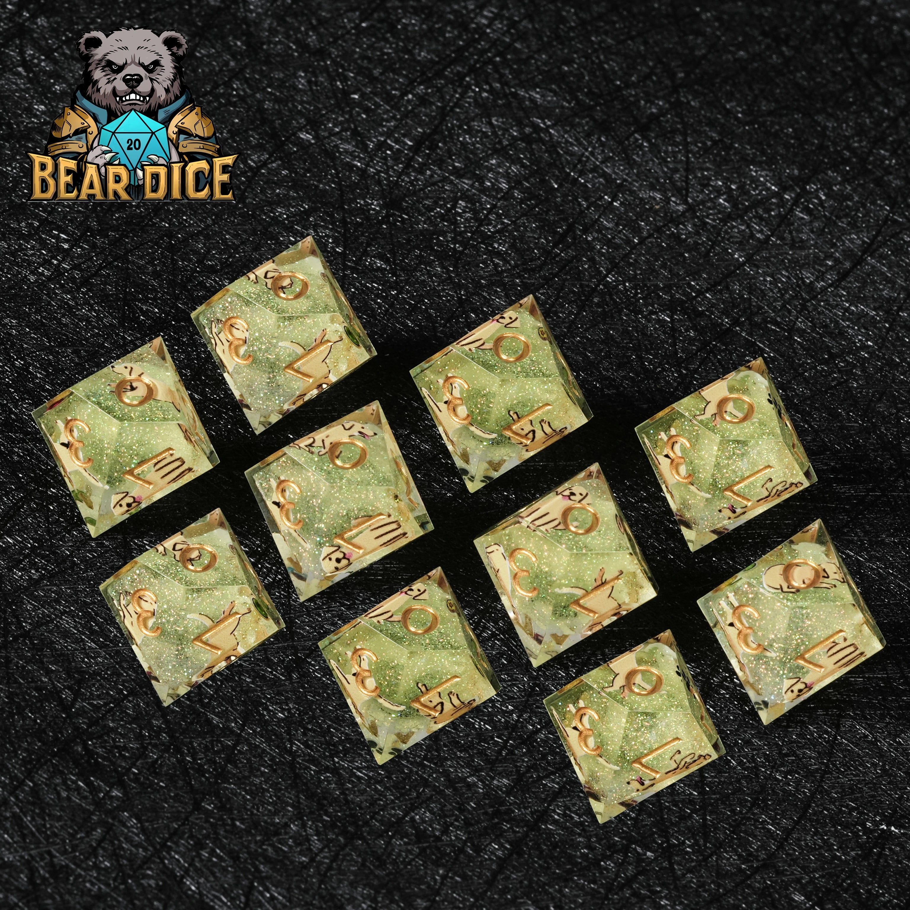 Labrador Green Glitter Resin DND D10 Dice Set | RPG Polyhedral Dice with Dog Art