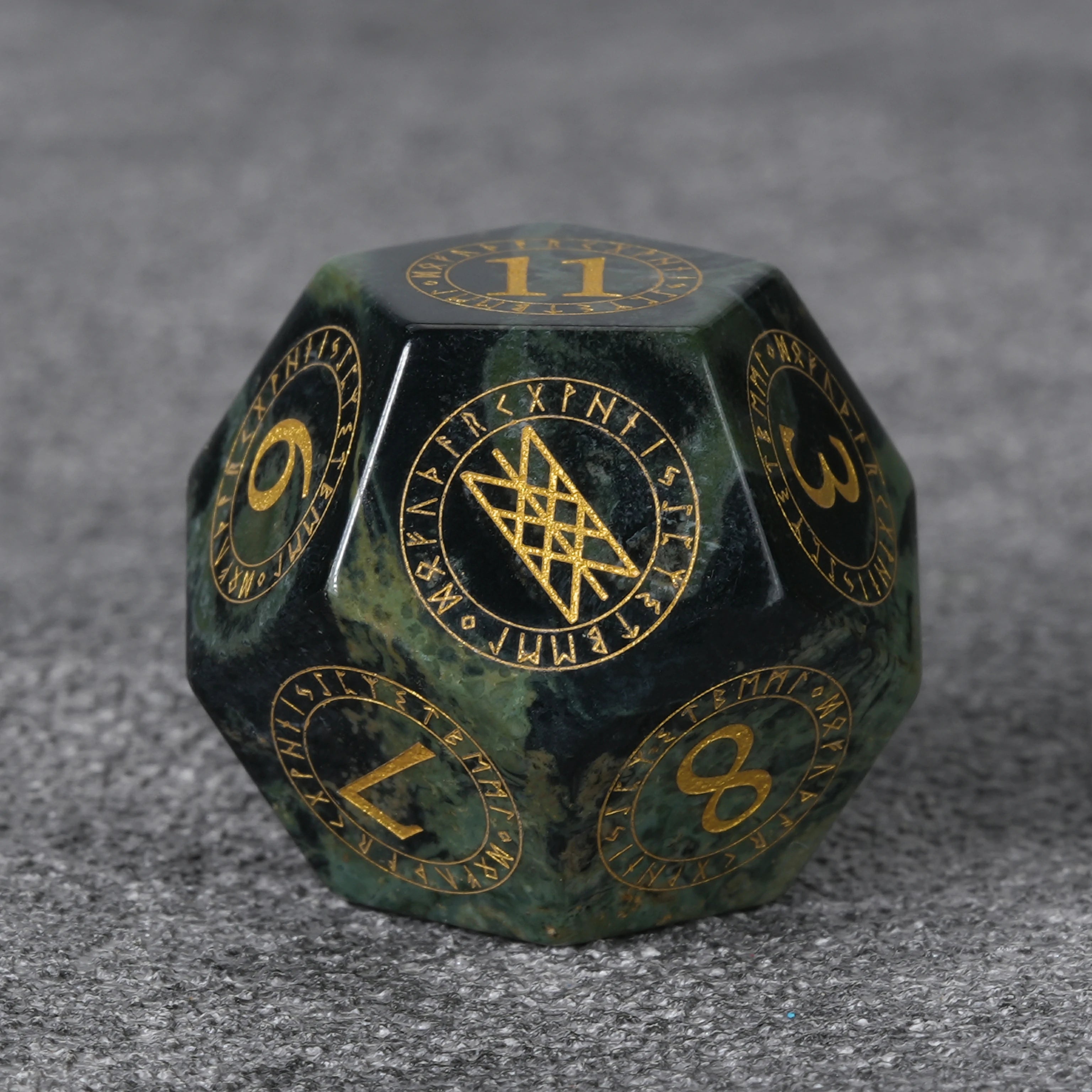 Moss Green Gemstone Dice Set with Mystical Rune Magic Circle