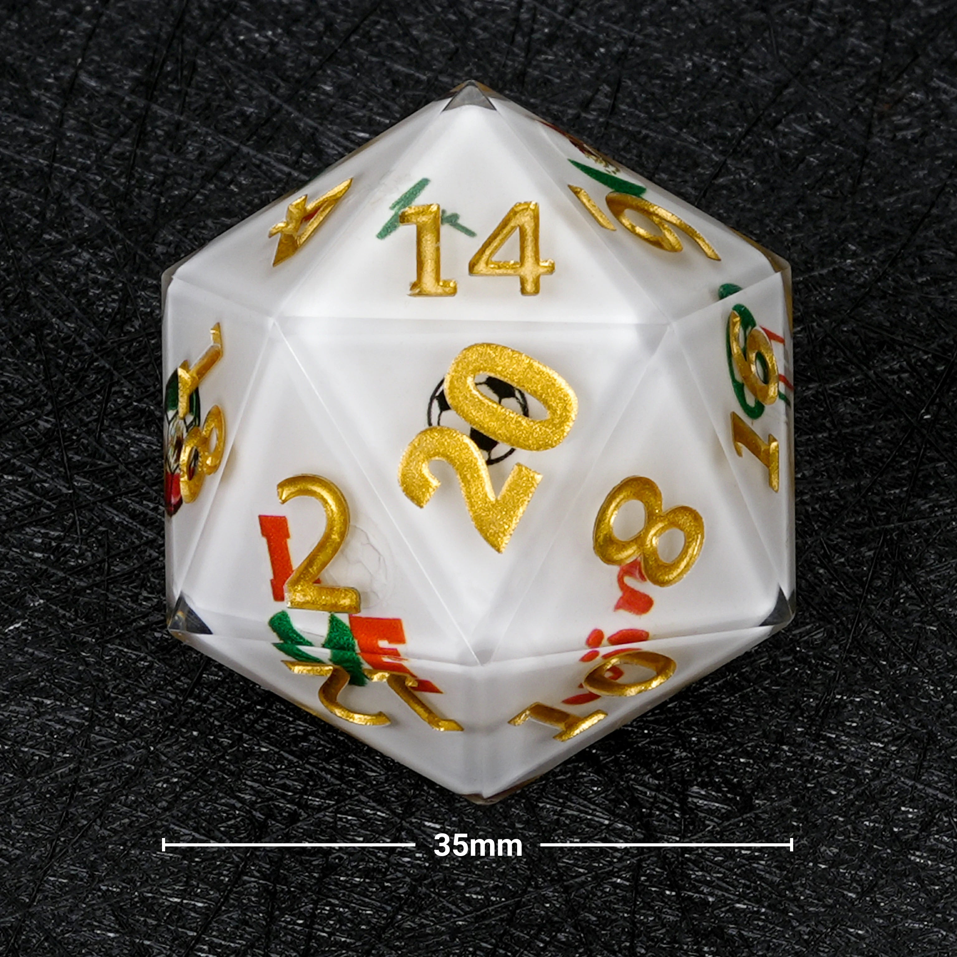 35mm World Cup Mexico Soccer White Resin Large D20 Dice – RPG & Tabletop Gaming