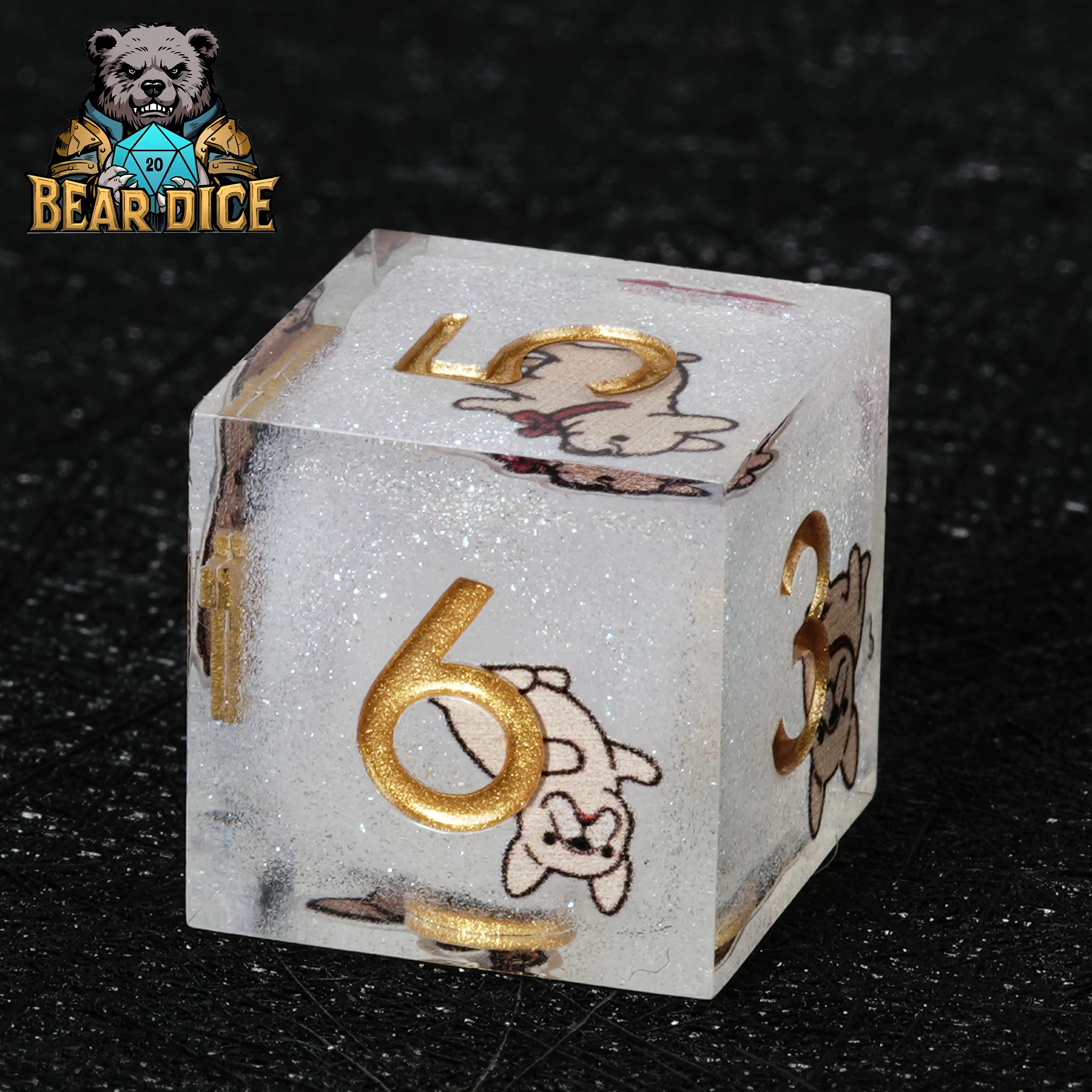 Bulldog White Glitter Resin D6 Dice Set for D&D & RPG Games