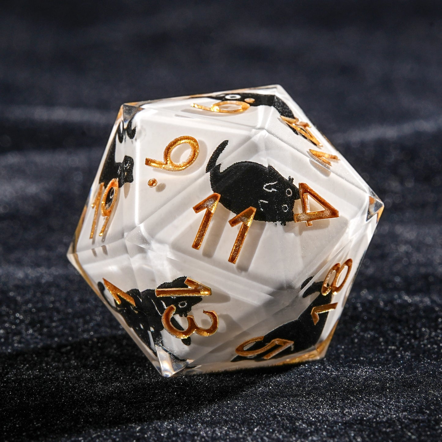 35mm Extra Large D20 Resin Black Cat Dice + Gold Numbers | Bear Dice