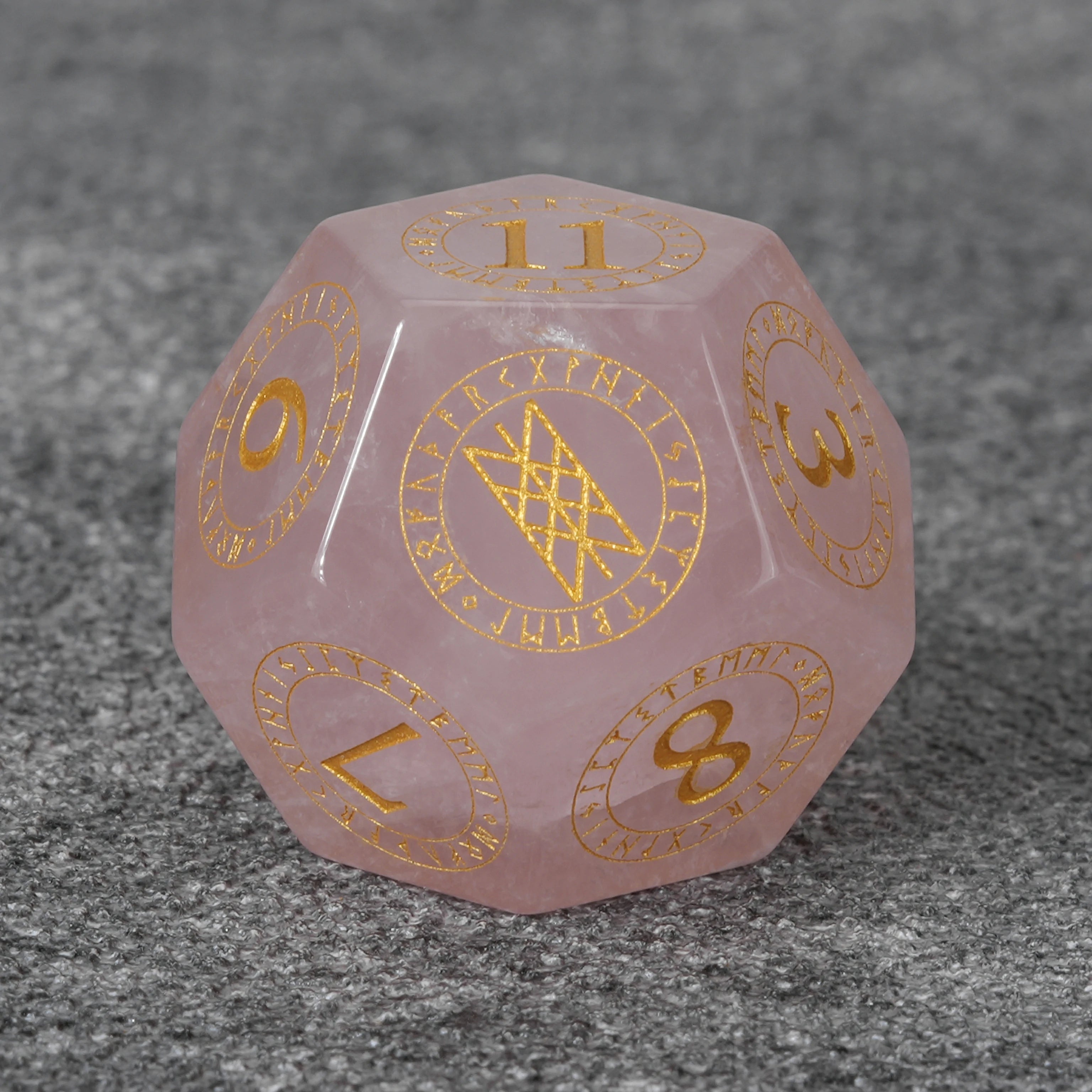 Rose Quartz Gemstone Dice Set with Gold Magical Runes