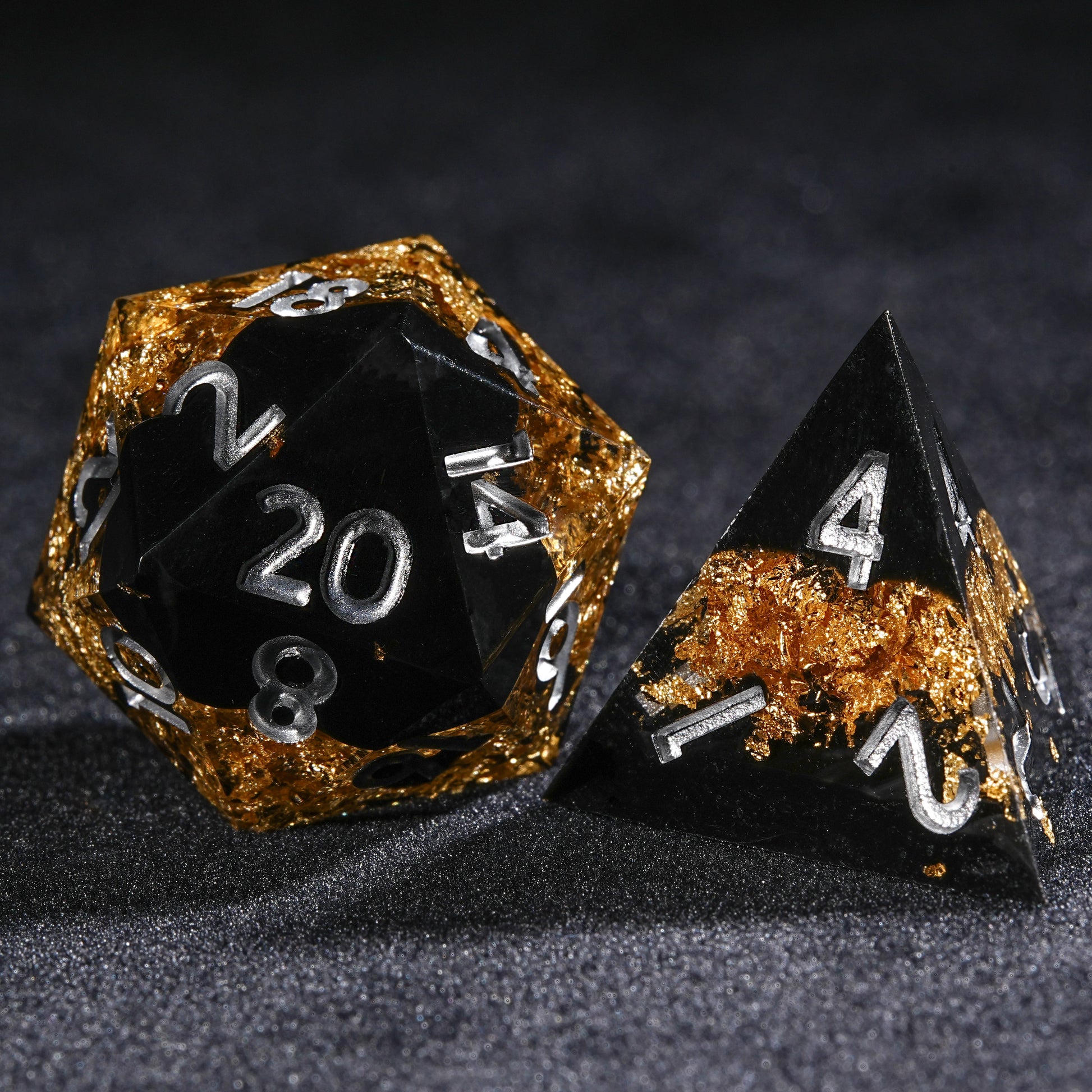 Black Gold Glory - Resin DND d20 Dice 
 + D4 Dice + Silver Font | Bear Dice