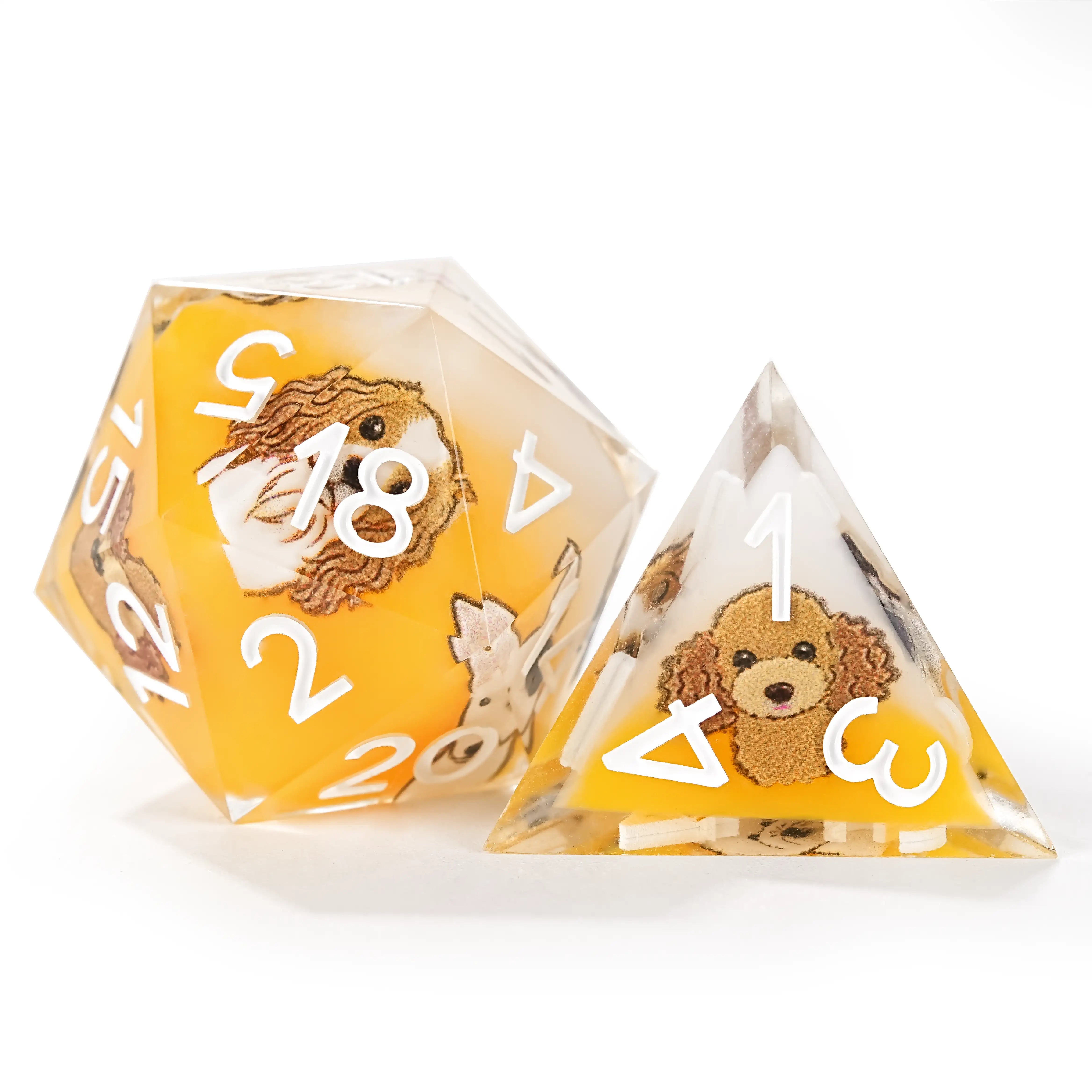 Yellow and white resin cute pet anime dog team polyhedral d20 dice + d4 dice+ white numbers | Bear Dice
