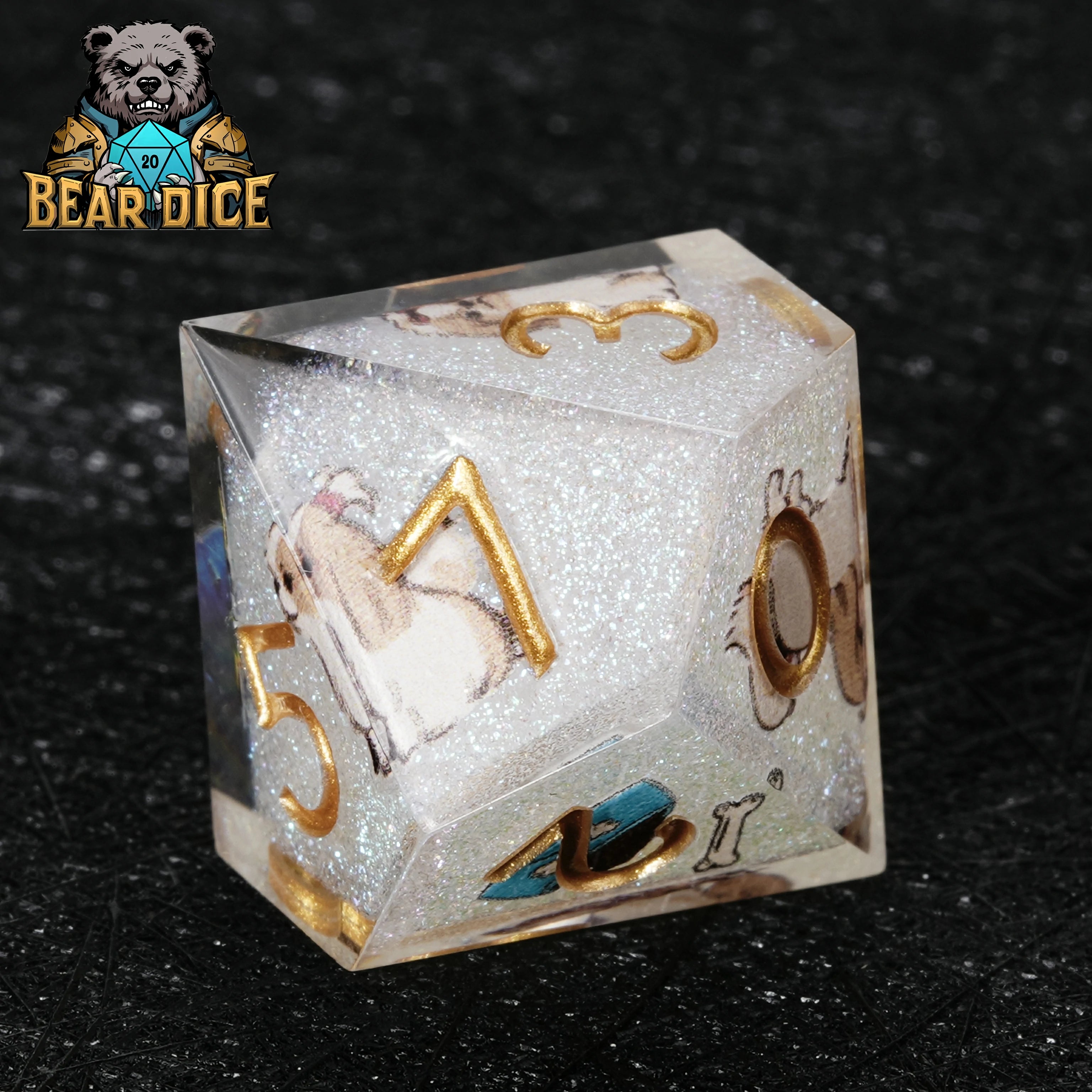 White Glitter Resin Shih Tzu DND D10 Dice | Handcrafted RPG Dice Set
