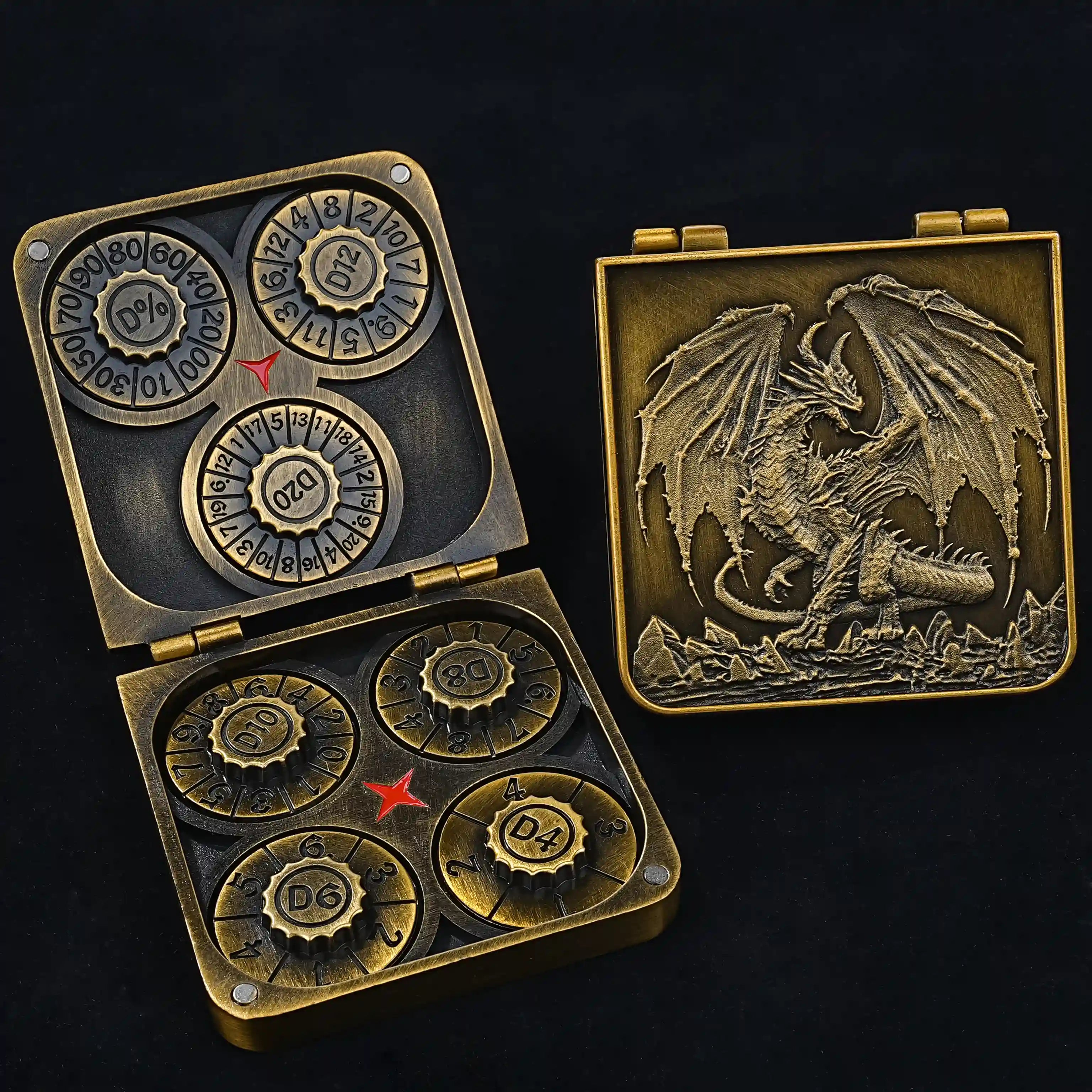 7-in-1 Pterosaur Antique Gold Folding Dice Box with 7 DND Roulette Dice Spinners | Bear Dice