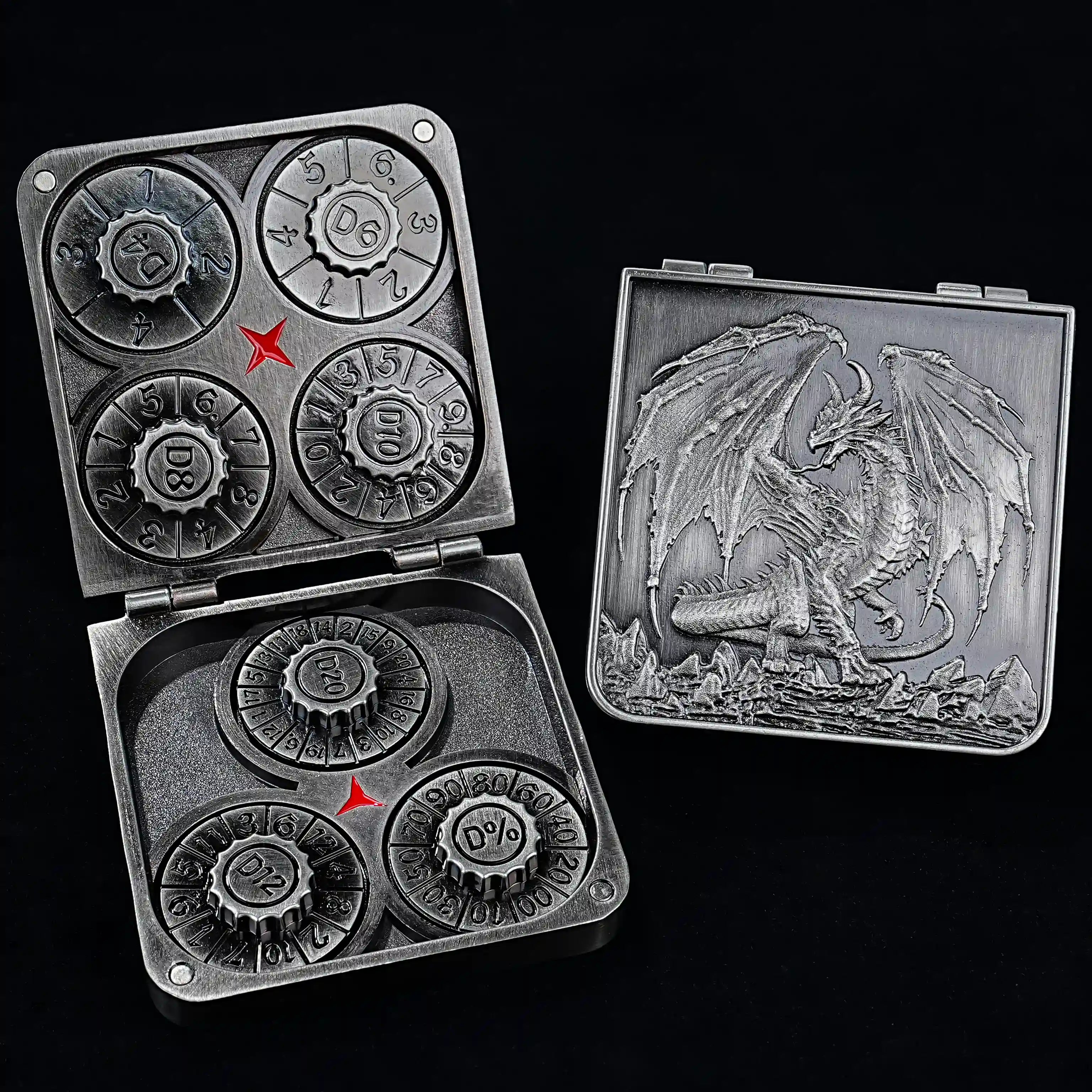 7-in-1 Pterosaur Antique Nickel Metal Folding Dice Box with 7 DND Roulette Dice Spinners | Bear Dice