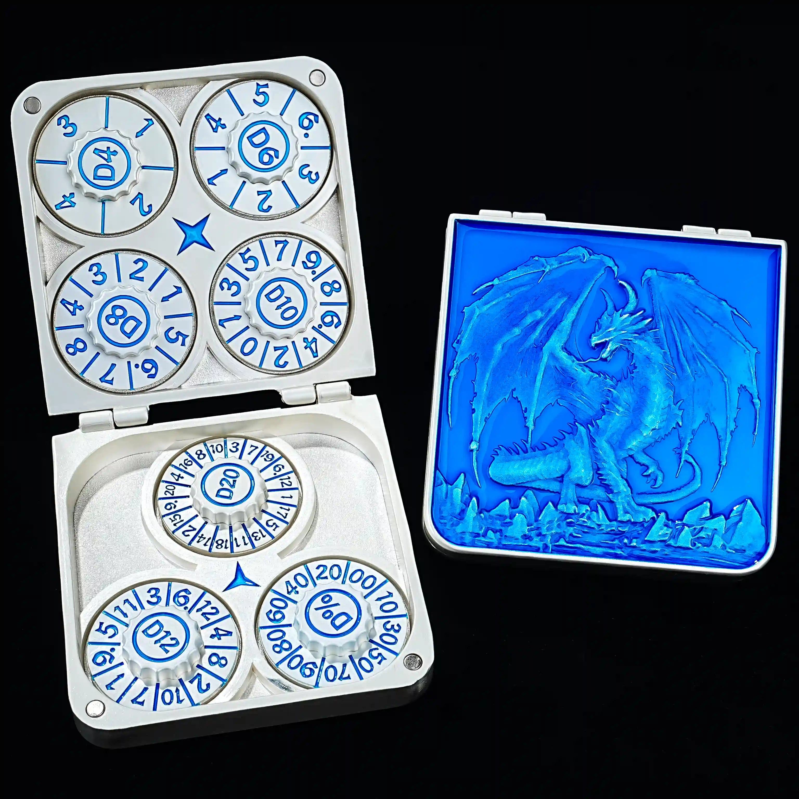 7-in-1 Blue Pterosaur Folding Metal Dice Box with 7 Silver-White DND Roulette Dice Spinners with Blue Numbers | Bear Dice