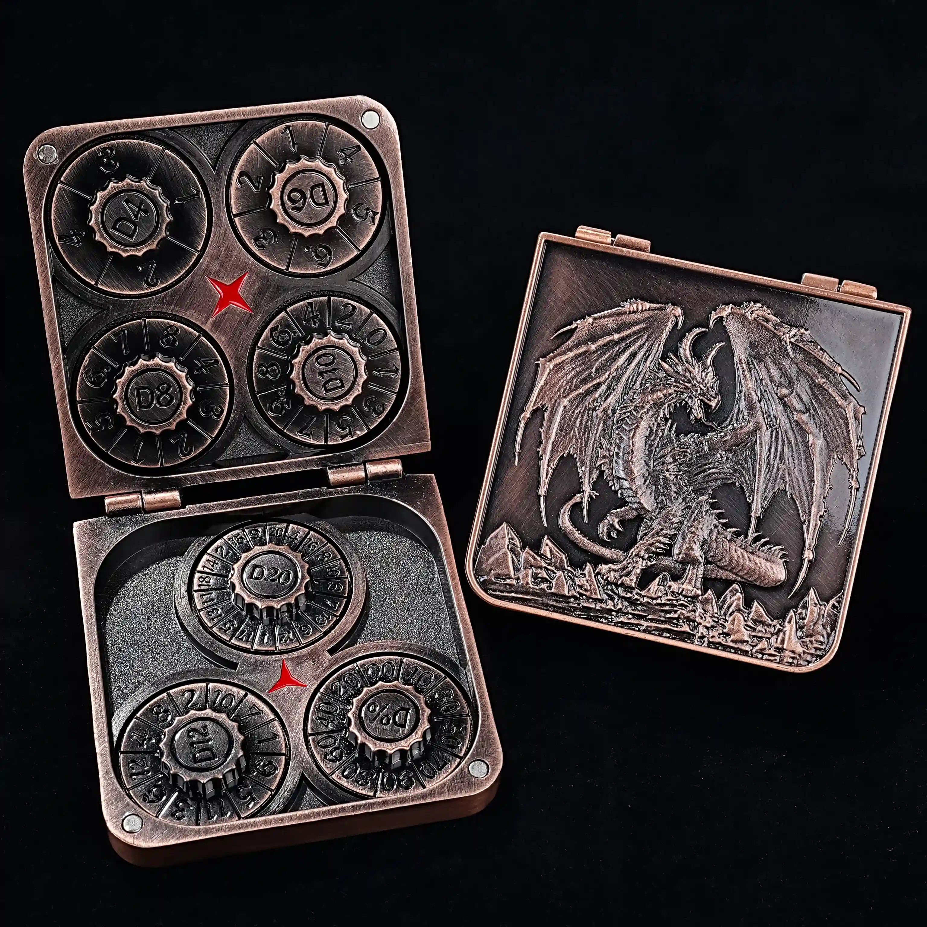 7-in-1 Pterosaur Red Copper Metal Folding Dice Box with 7 DND Roulette Dice Spinners | Bear Dice