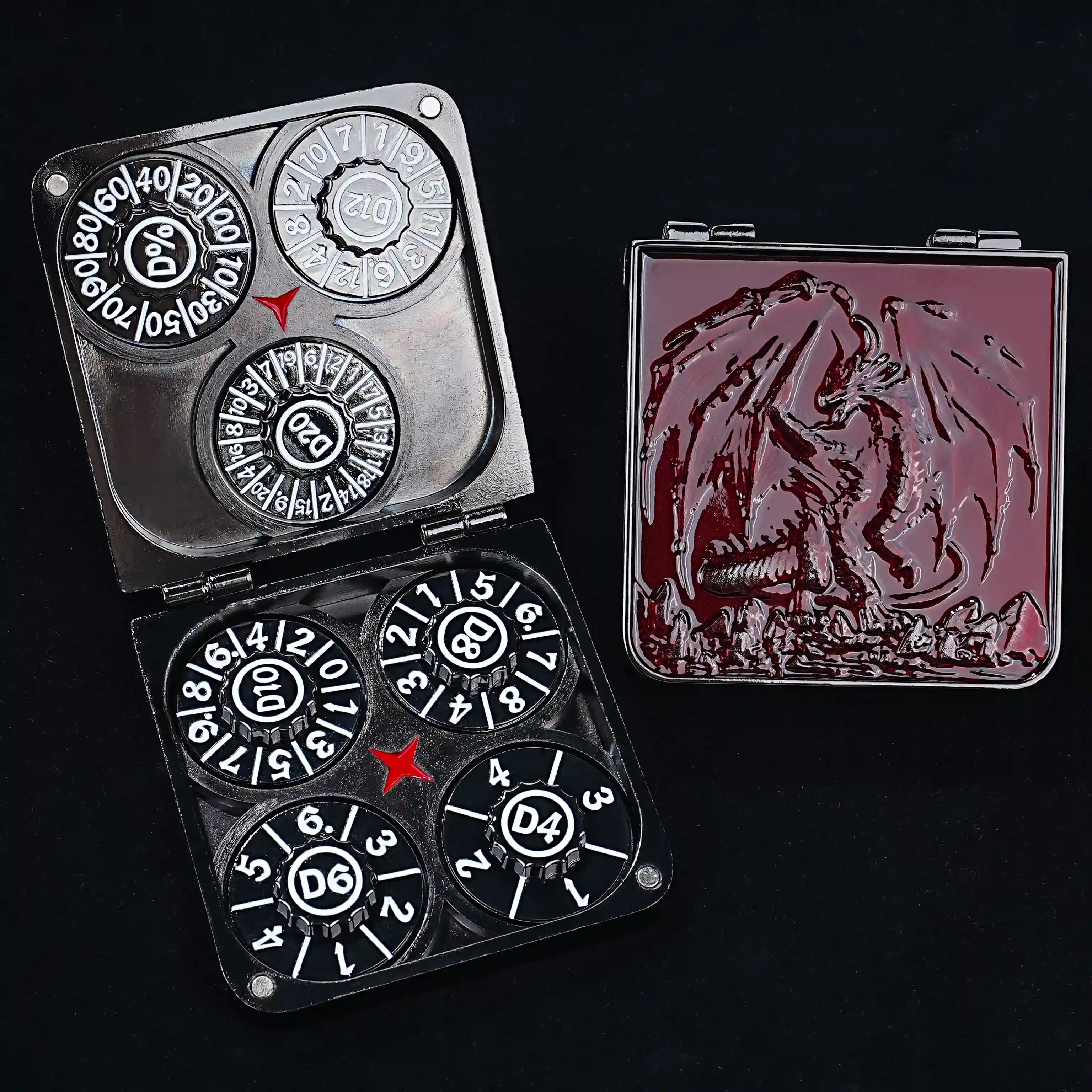 7-in-1 red pterosaur metal folding dice box, 7 black DND roulette dice spinners with white numbers | Bear Dice