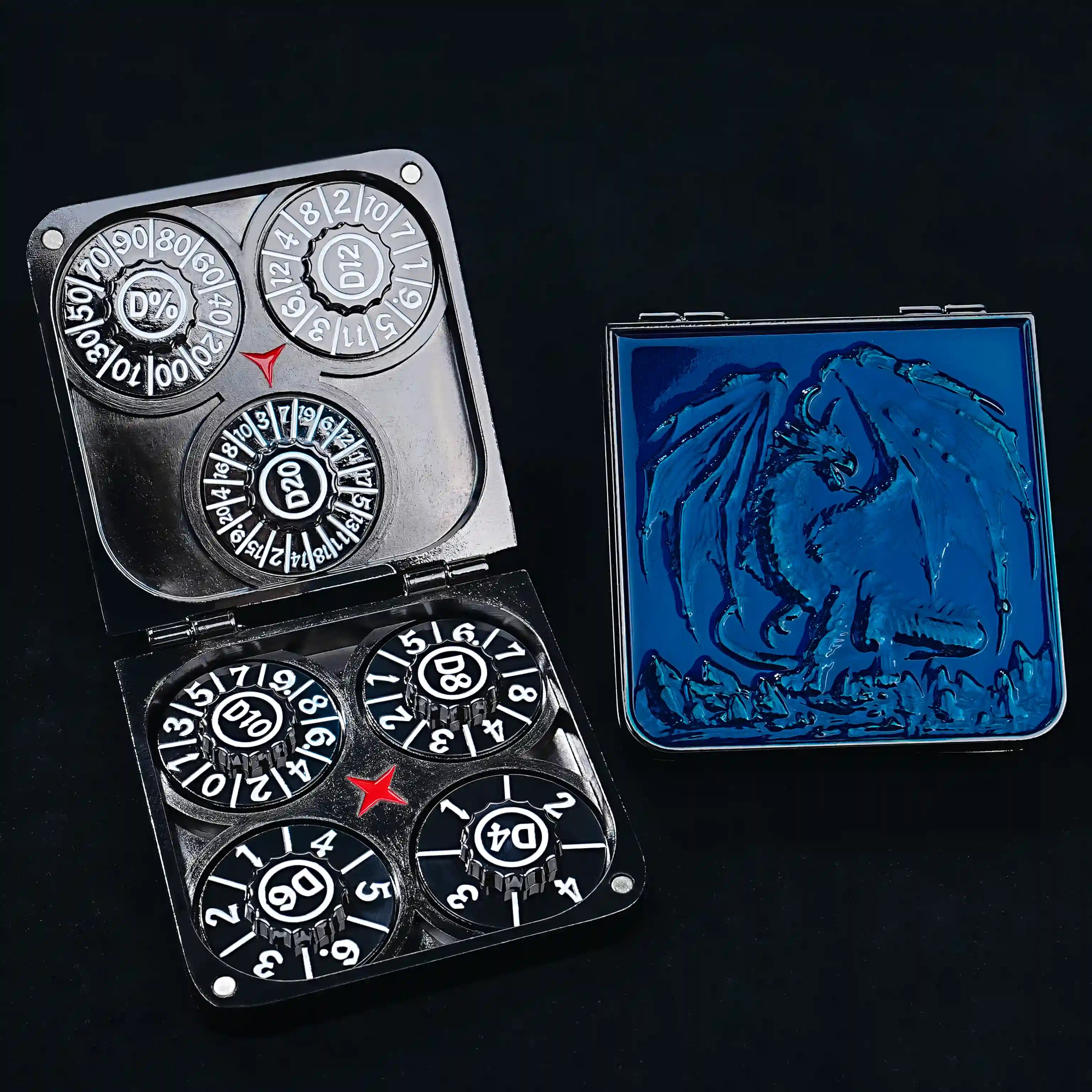 7-in-1 red pterosaur metal folding dice box, 7 black DND roulette dice spinners with white numbers | Bear Dice