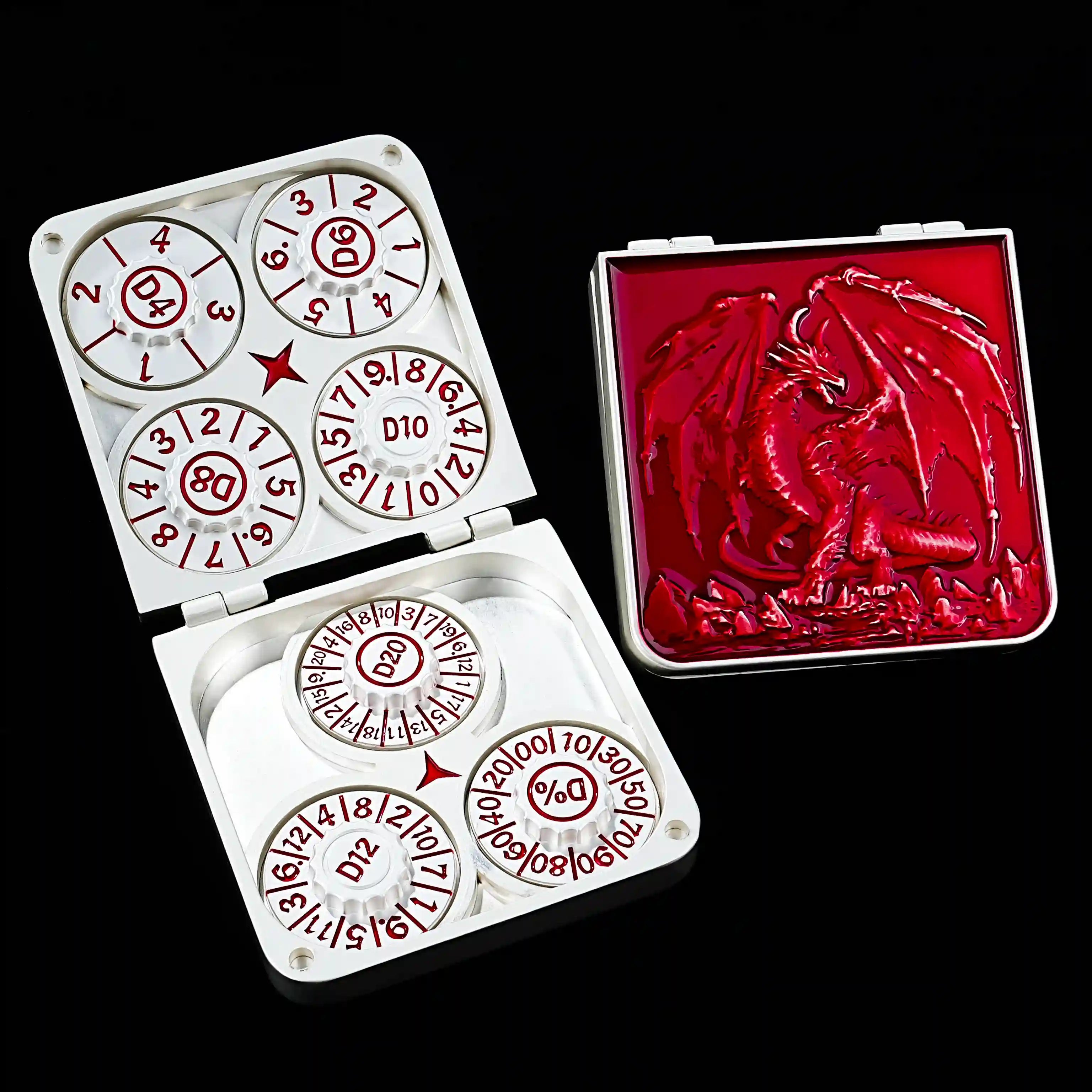 7-in-1 red pterosaur metal folding dice box, 7 silver-white DND roulette dice spinners with red numbers | Bear Dice